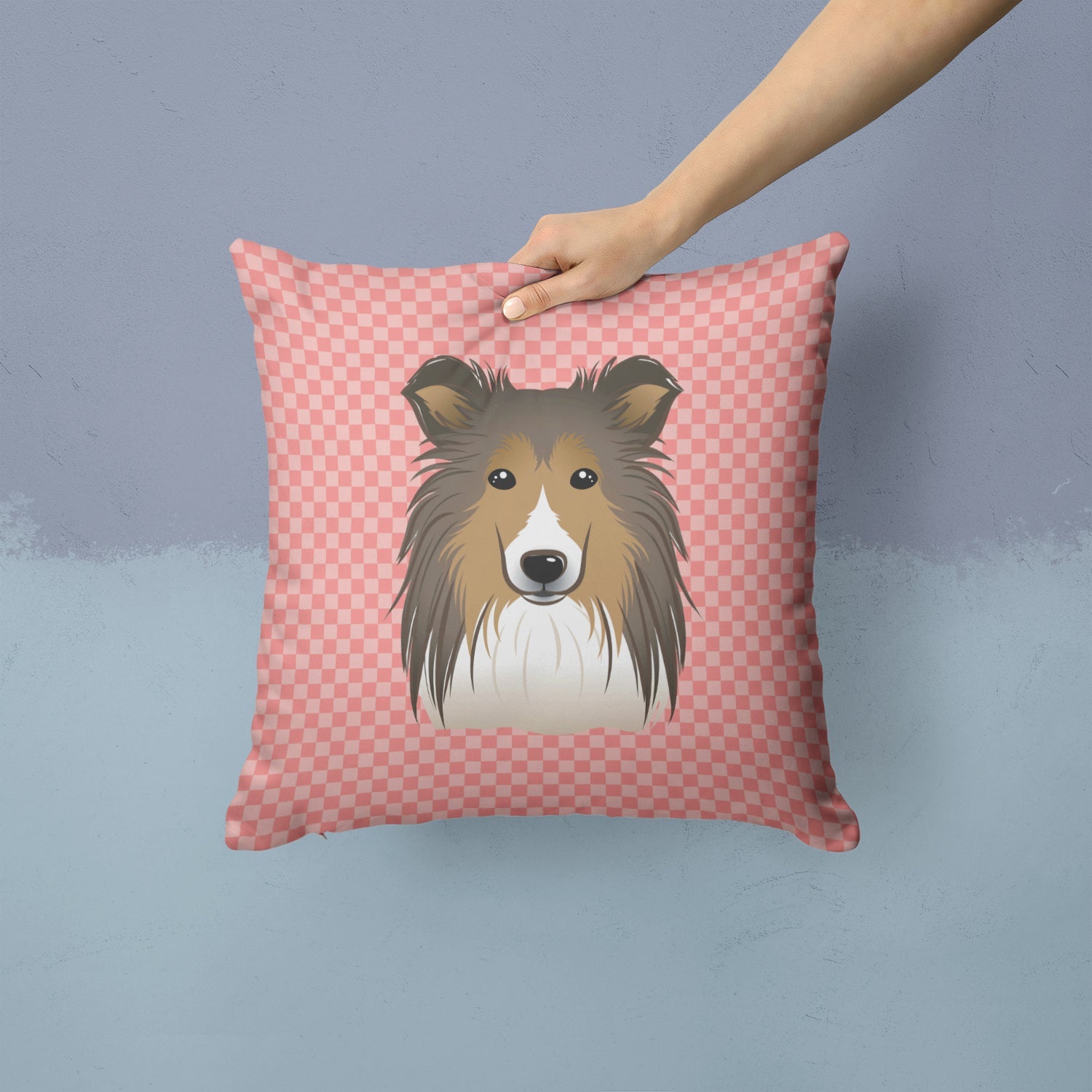 Checkerboard Pink Sheltie Decorative Throw Pillow 14x14 Indoor Outdoor Accent Cushion, Fabric Cover with Insert for Sofa, Bed, Porch & Living Room