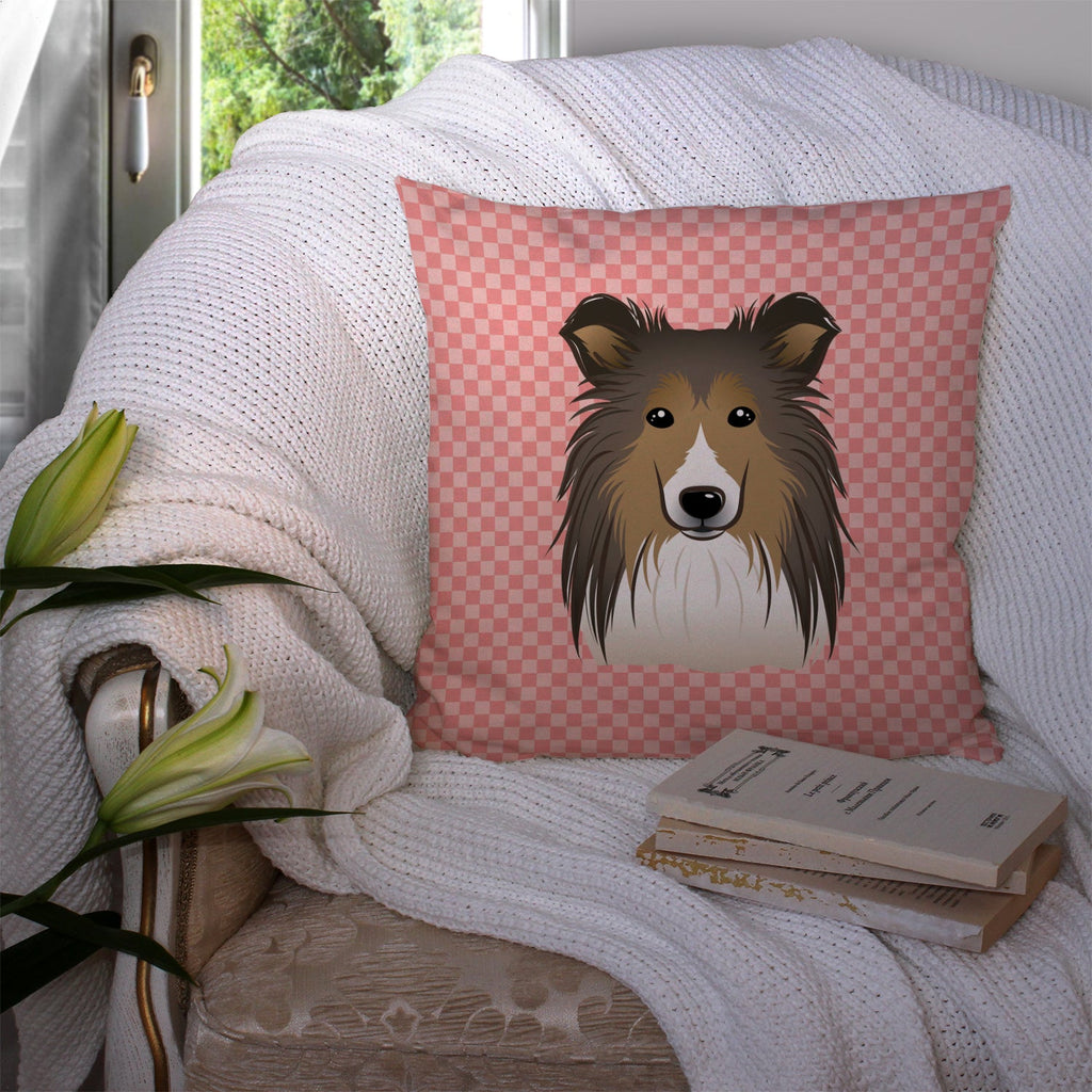 Checkerboard Pink Sheltie Decorative Throw Pillow 14x14 Indoor Outdoor Accent Cushion, Fabric Cover with Insert for Sofa, Bed, Porch & Living Room