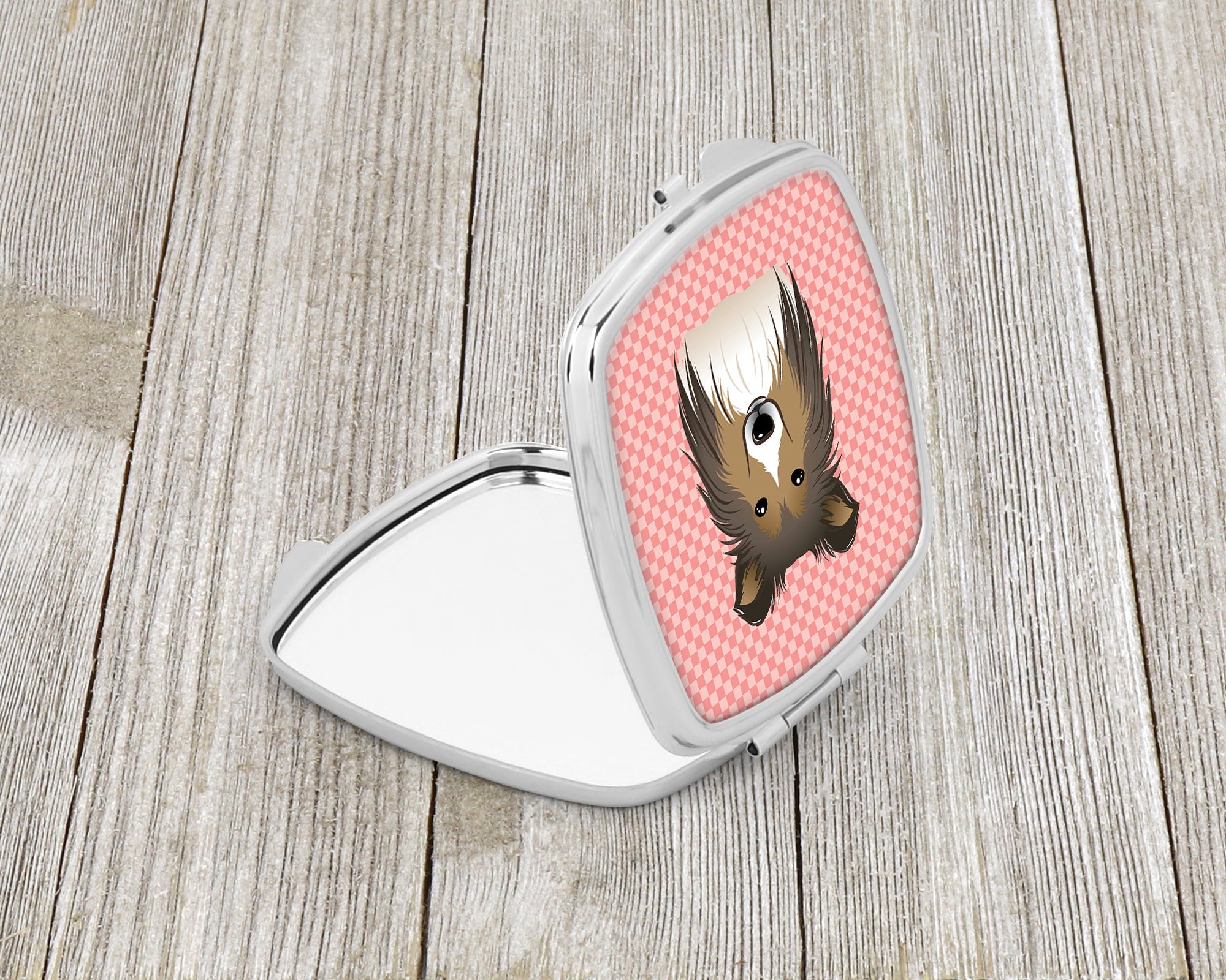 Checkerboard Pink Sheltie Compact Mirror Decorative Travel Makeup Mirror for Women Girls Gifts Pocket Makeup Mirror Folding Handheld