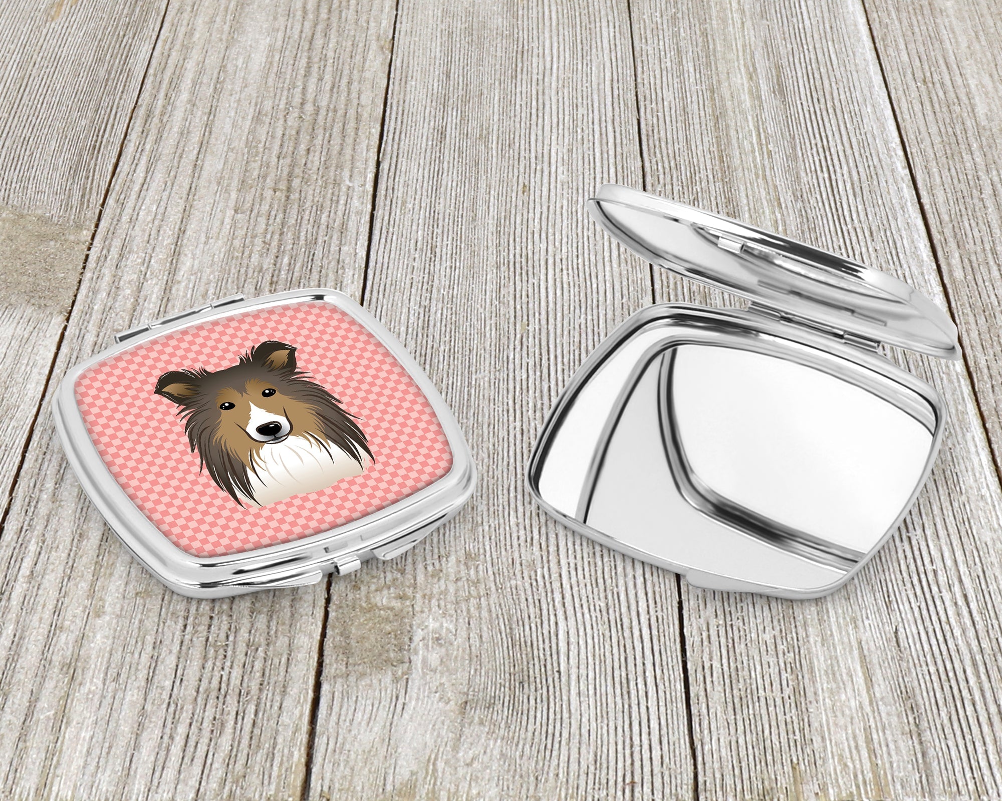 Checkerboard Pink Sheltie Compact Mirror Decorative Travel Makeup Mirror for Women Girls Gifts Pocket Makeup Mirror Folding Handheld