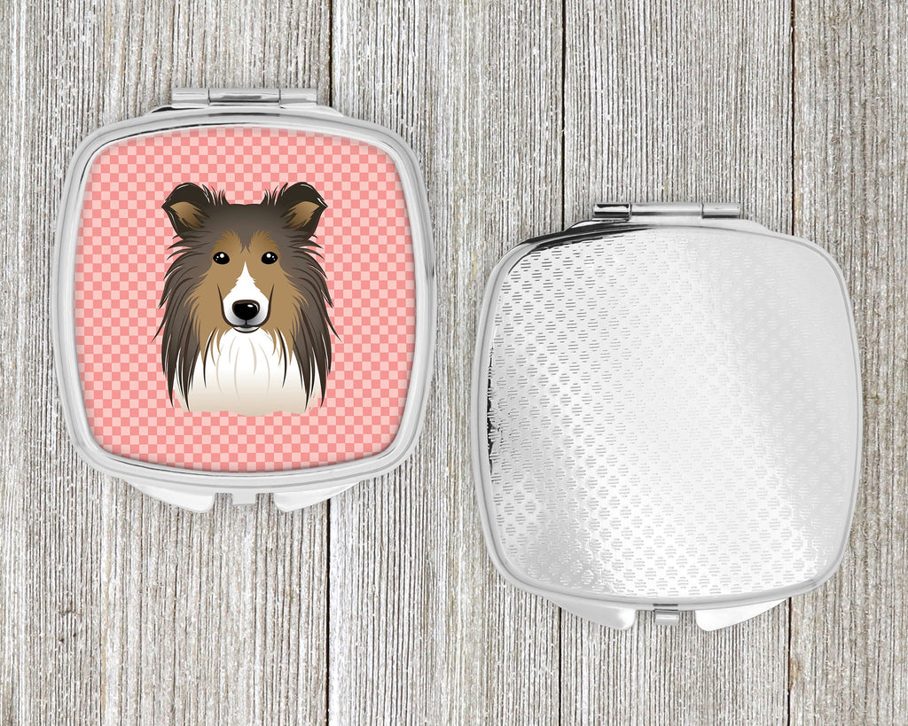 Checkerboard Pink Sheltie Compact Mirror Decorative Travel Makeup Mirror for Women Girls Gifts Pocket Makeup Mirror Folding Handheld