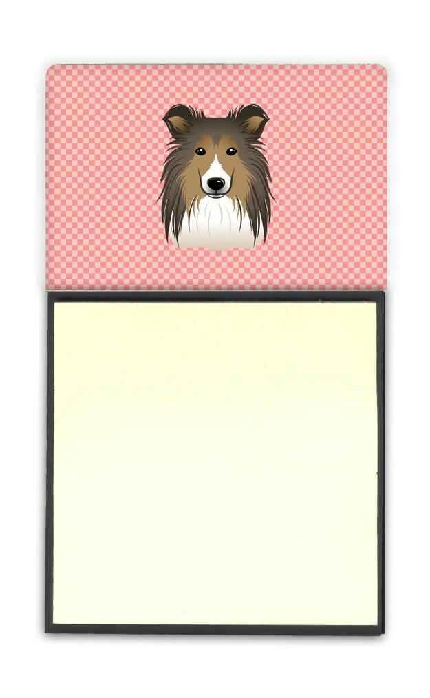 Checkerboard Pink Sheltie Watercolor Sticky Note Holder Refillable Dispenser Desk Accessory 3x3 Pad Gift
