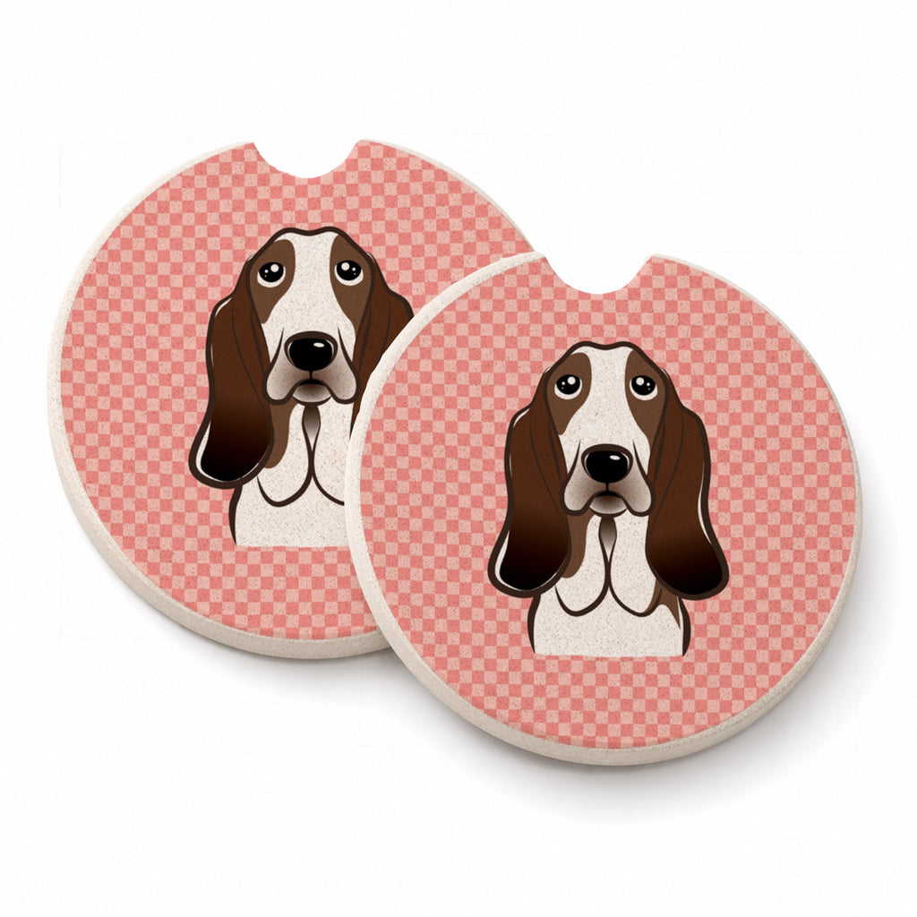 Checkerboard Pink Basset Hound Set of 2 Cup Holder Car Coasters Absorbent Round Sandstone Coasters Gifts for Men or Women, 2.5, Multicolor