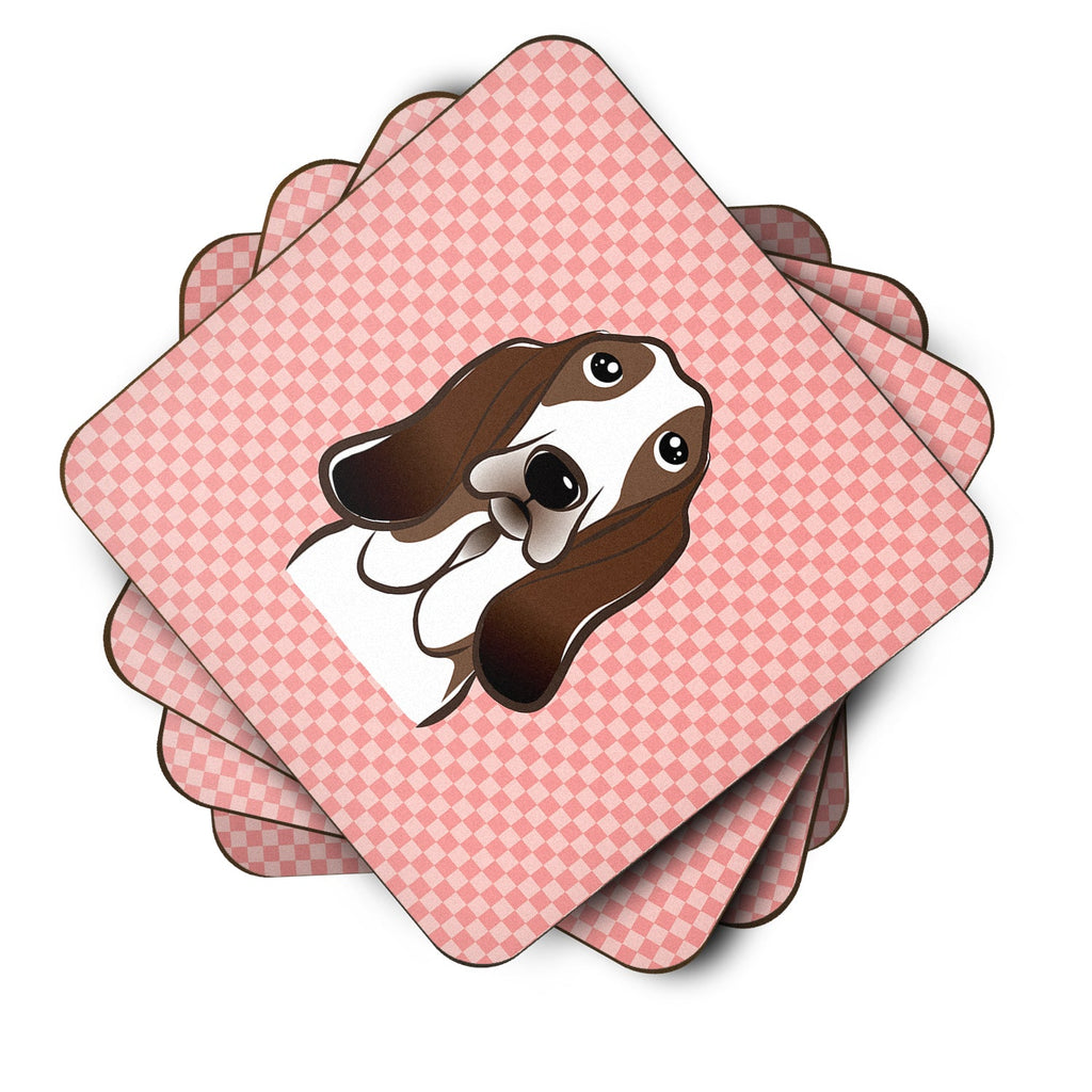 Checkerboard Pink Basset Hound Foam Coasters Set of 4 Cup Coasters for Indoor Outdoor, Tabletop Protection, Anti Slip, Mouse pad Material
