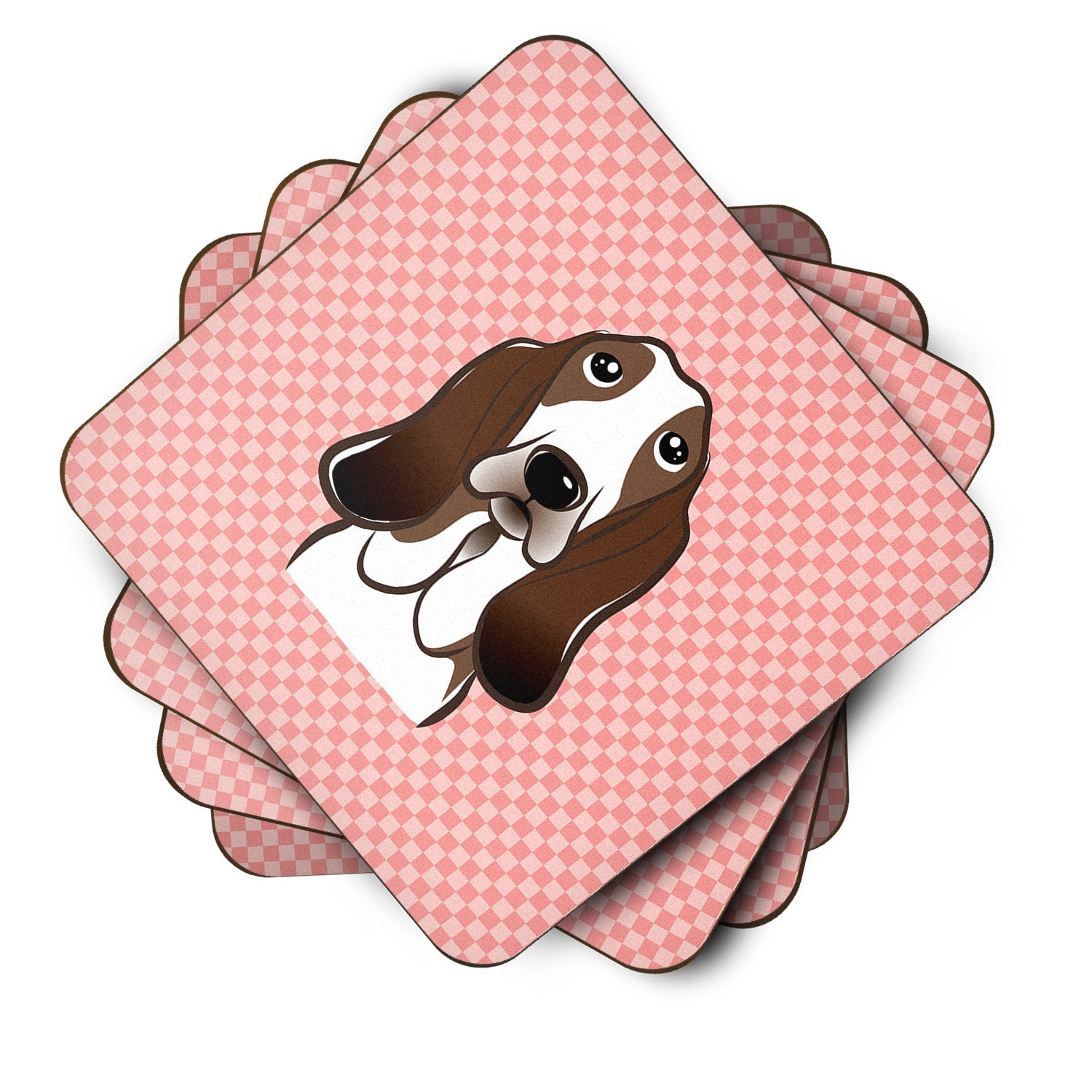 Checkerboard Pink Basset Hound Foam Coasters Set of 4 Cup Coasters for Indoor Outdoor, Tabletop Protection, Anti Slip, Mouse pad Material