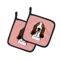 Checkerboard Pink Basset Hound Pot Holder Set of 2 Heat Resistant Quilted Hot Pads 7.5 x 7.5 Inch, Insulated Kitchen Trivets for Cooking & Baking