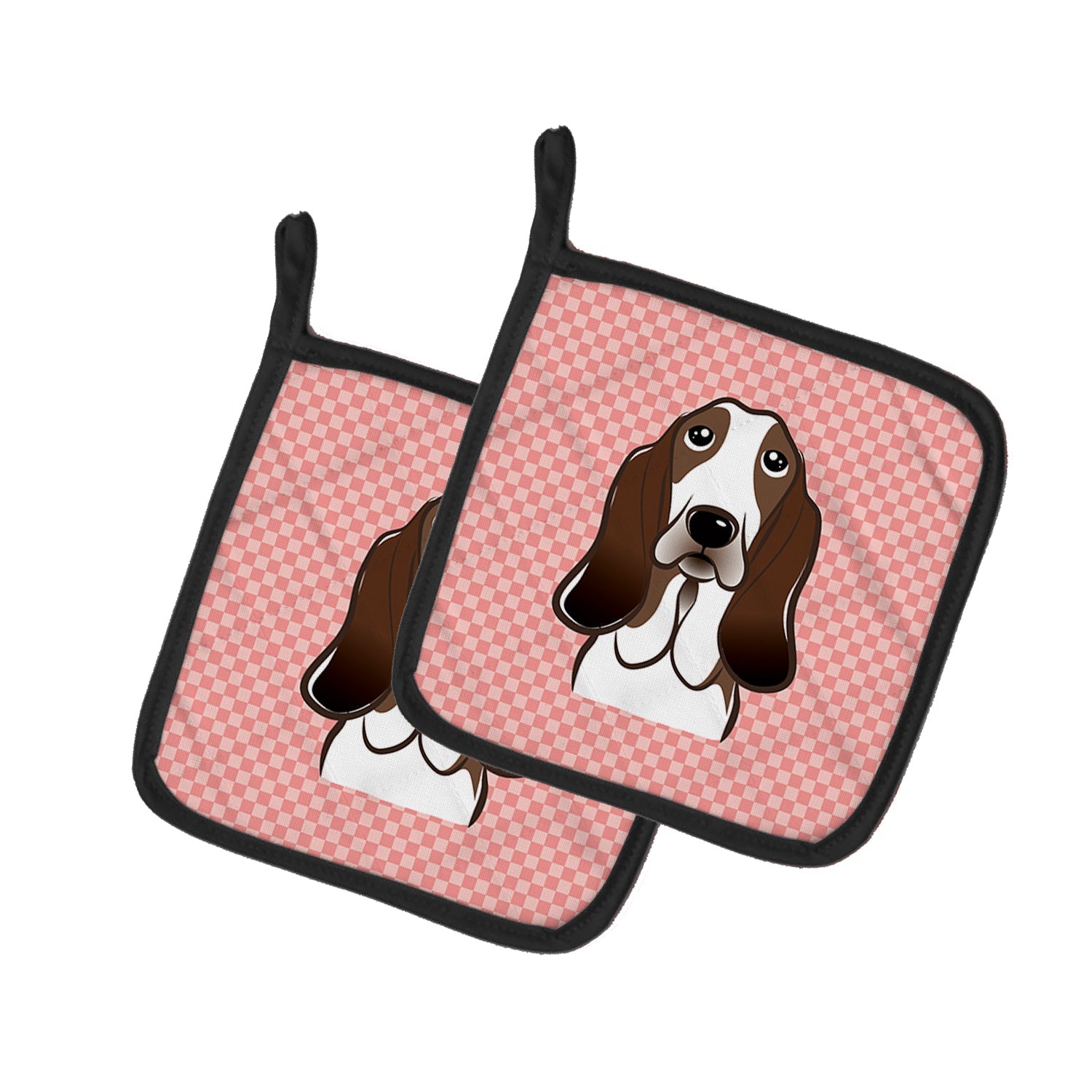 Checkerboard Pink Basset Hound Pot Holder Set of 2 Heat Resistant Quilted Hot Pads 7.5 x 7.5 Inch, Insulated Kitchen Trivets for Cooking & Baking