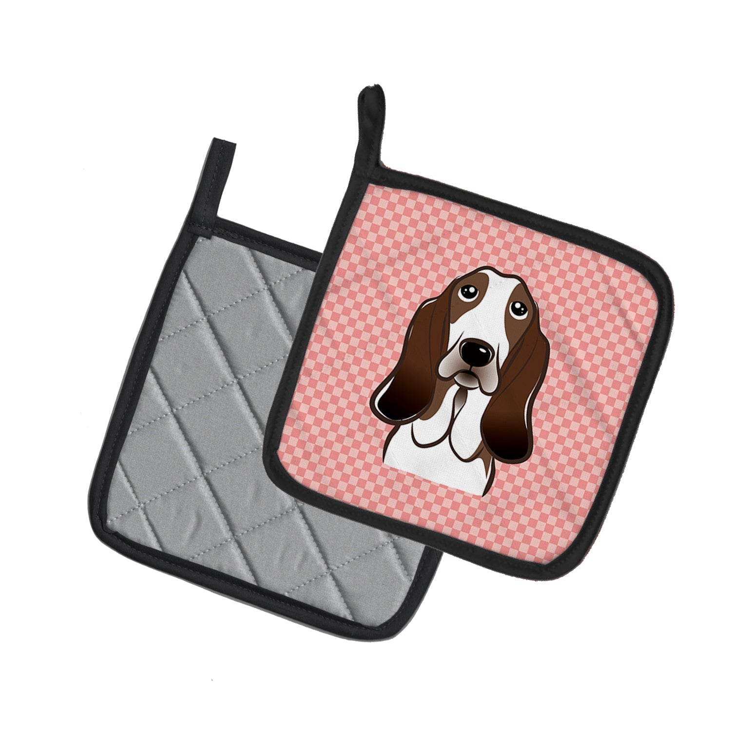 Checkerboard Pink Basset Hound Pot Holder Set of 2 Heat Resistant Quilted Hot Pads 7.5 x 7.5 Inch, Insulated Kitchen Trivets for Cooking & Baking