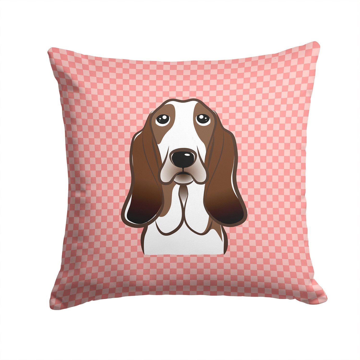 Checkerboard Pink Basset Hound Decorative Throw Pillow 14x14 Indoor Outdoor Accent Cushion, Fabric Cover with Insert for Sofa, Bed, Porch & Living Room