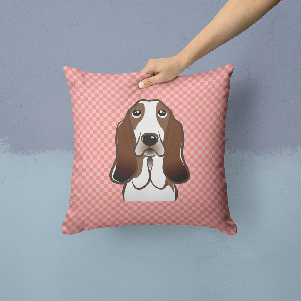 Checkerboard Pink Basset Hound Decorative Throw Pillow 14x14 Indoor Outdoor Accent Cushion, Fabric Cover with Insert for Sofa, Bed, Porch & Living Room