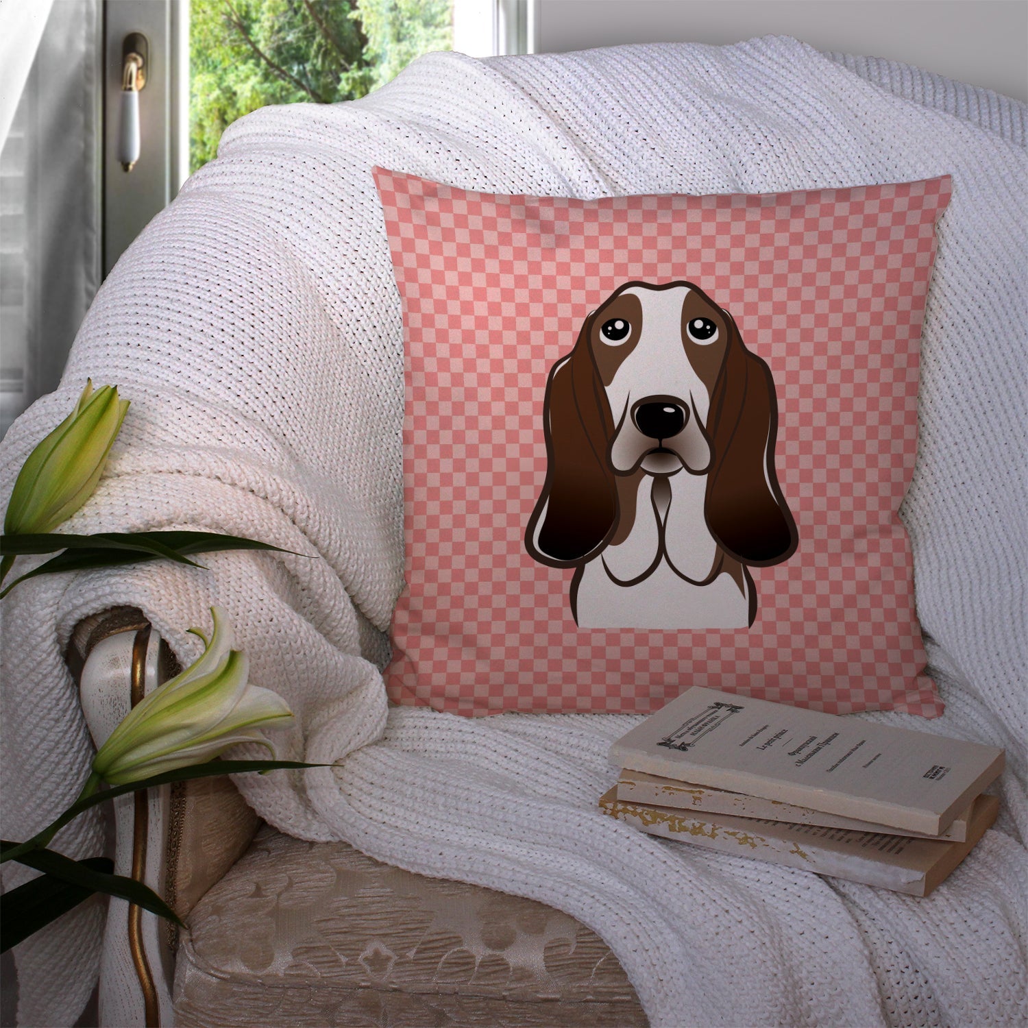 Checkerboard Pink Basset Hound Decorative Throw Pillow 14x14 Indoor Outdoor Accent Cushion, Fabric Cover with Insert for Sofa, Bed, Porch & Living Room