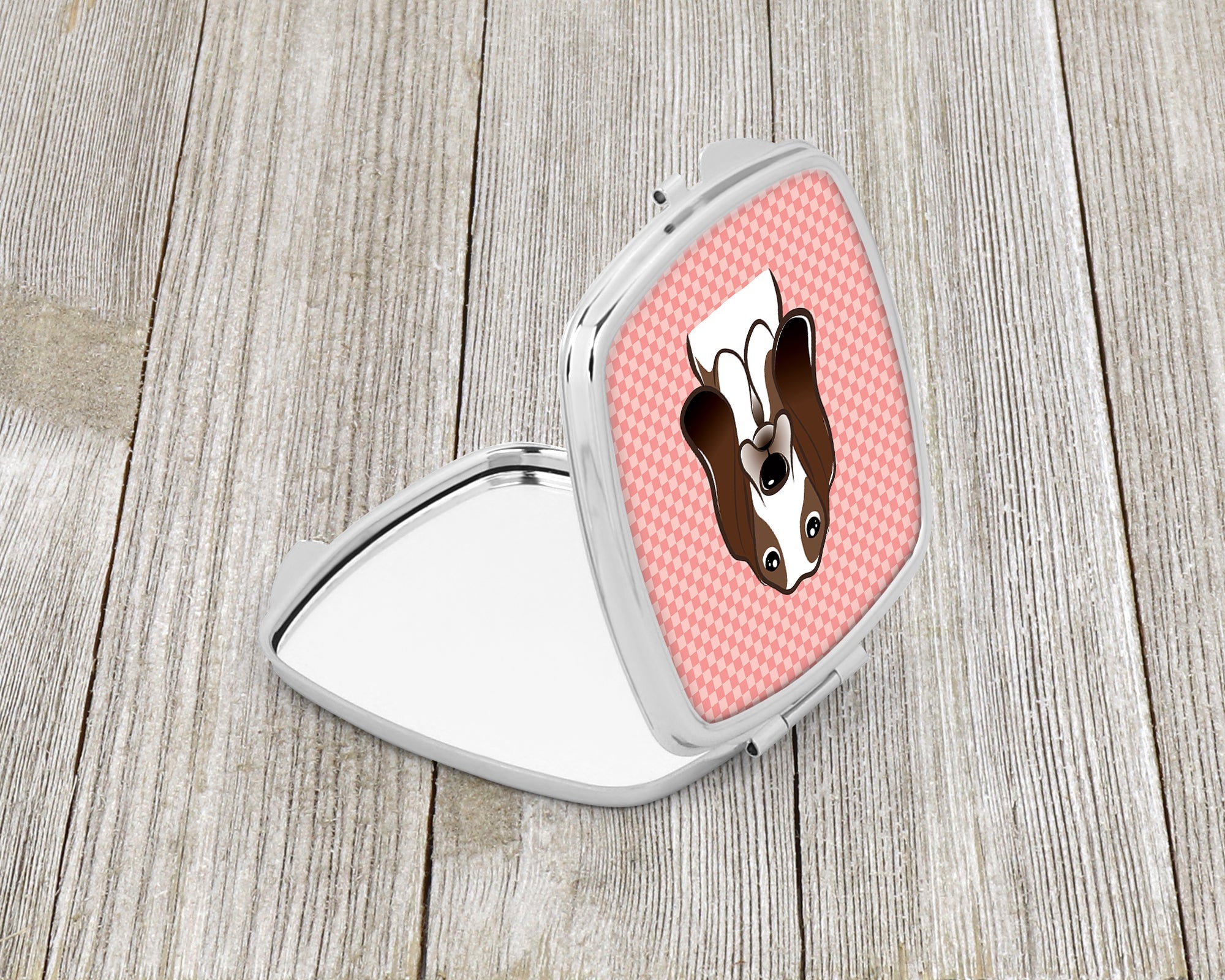 Checkerboard Pink Basset Hound Compact Mirror Decorative Travel Makeup Mirror for Women Girls Gifts Pocket Makeup Mirror Folding Handheld