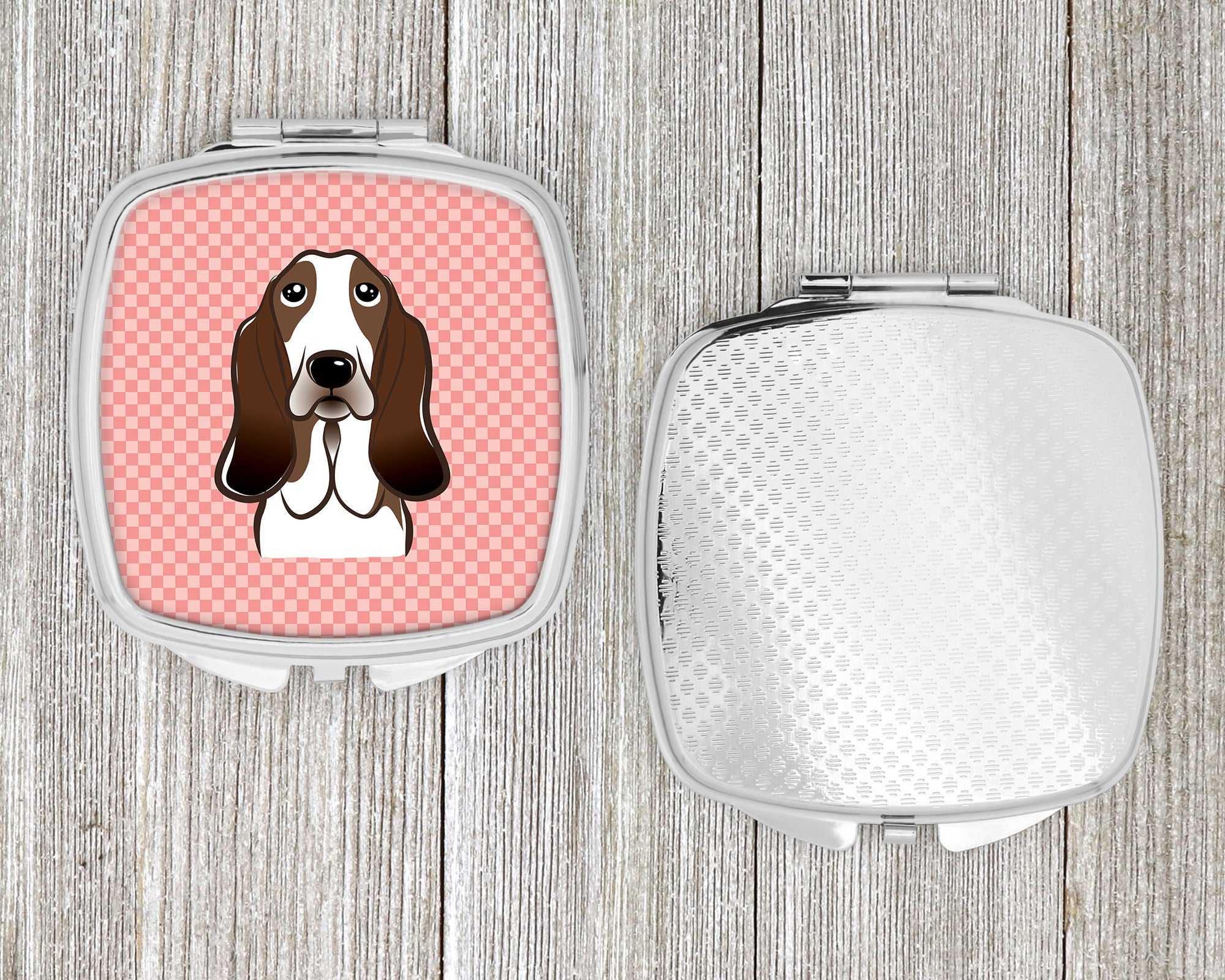 Checkerboard Pink Basset Hound Compact Mirror Decorative Travel Makeup Mirror for Women Girls Gifts Pocket Makeup Mirror Folding Handheld