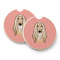 Checkerboard Pink Afghan Hound Set of 2 Cup Holder Car Coasters Absorbent Round Sandstone Coasters Gifts for Men or Women, 2.5, Multicolor