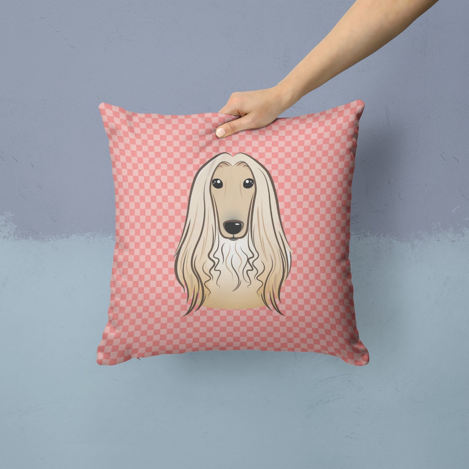 Checkerboard Pink Afghan Hound Decorative Throw Pillow 14x14 Indoor Outdoor Accent Cushion, Fabric Cover with Insert for Sofa, Bed, Porch & Living Room