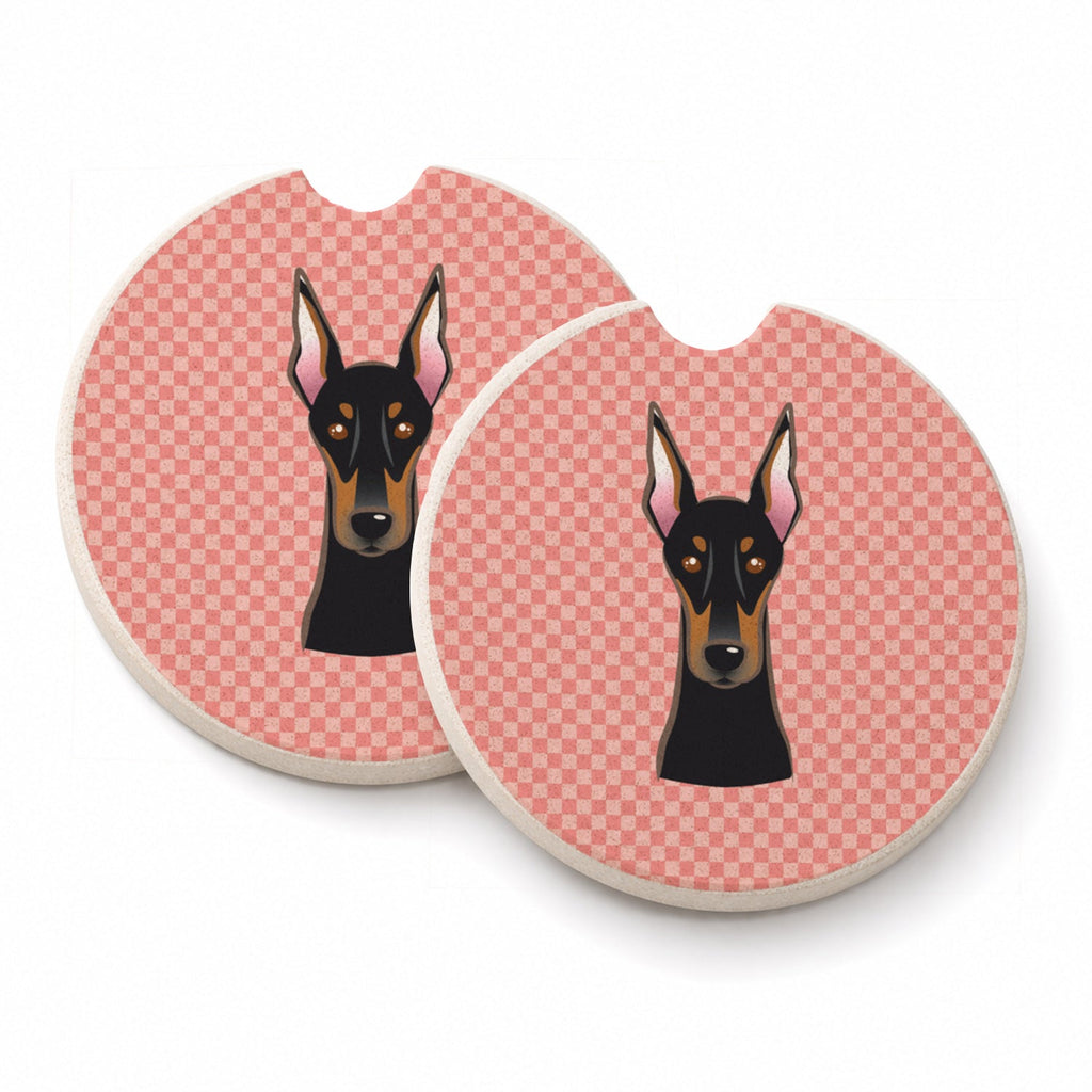 Checkerboard Pink Doberman Set of 2 Cup Holder Car Coasters Absorbent Round Sandstone Coasters Gifts for Men or Women, 2.5, Multicolor