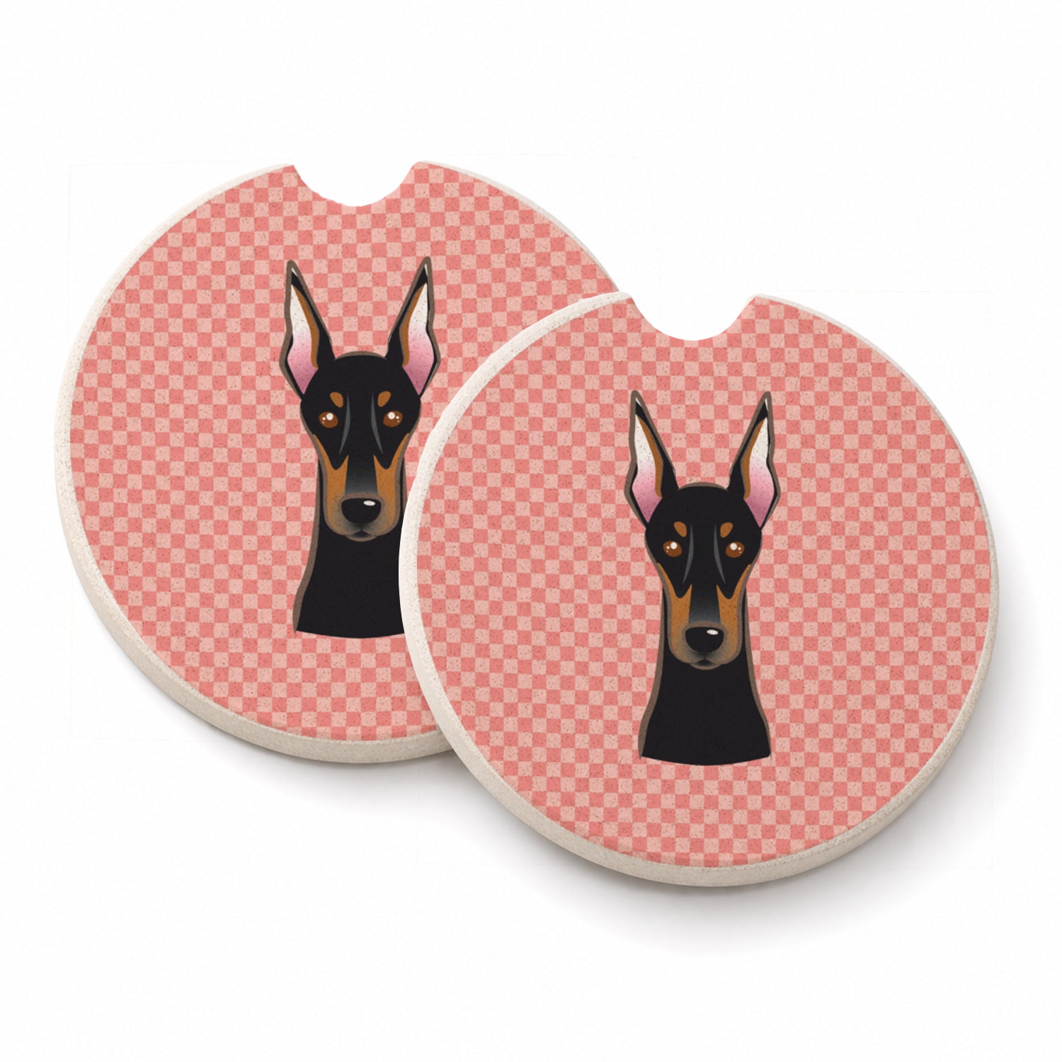 Checkerboard Pink Doberman Set of 2 Cup Holder Car Coasters Absorbent Round Sandstone Coasters Gifts for Men or Women, 2.5, Multicolor