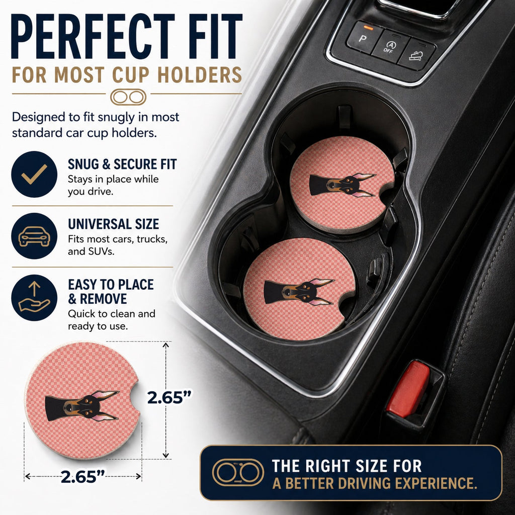 Checkerboard Pink Doberman Set of 2 Cup Holder Car Coasters Absorbent Round Sandstone Coasters Gifts for Men or Women, 2.5, Multicolor