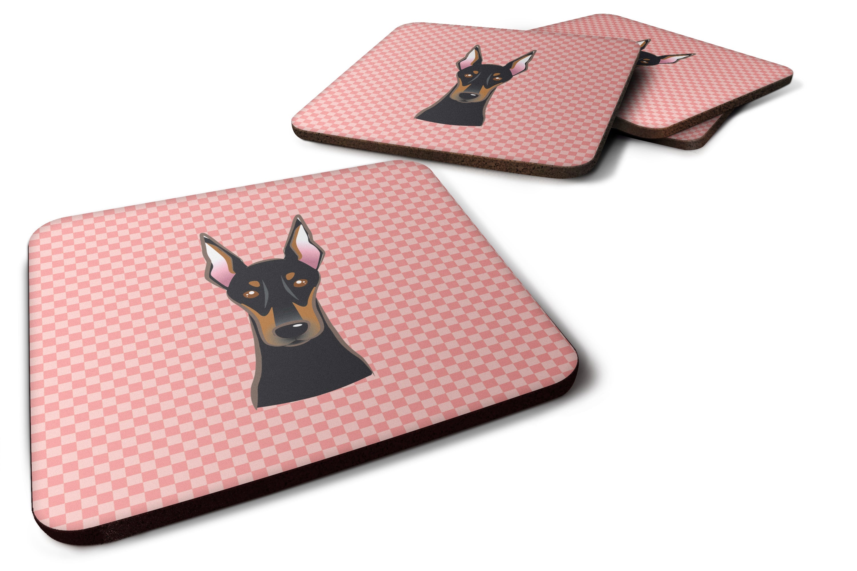 Checkerboard Pink Doberman Foam Coasters Set of 4 Cup Coasters for Indoor Outdoor, Tabletop Protection, Anti Slip, Mouse pad Material