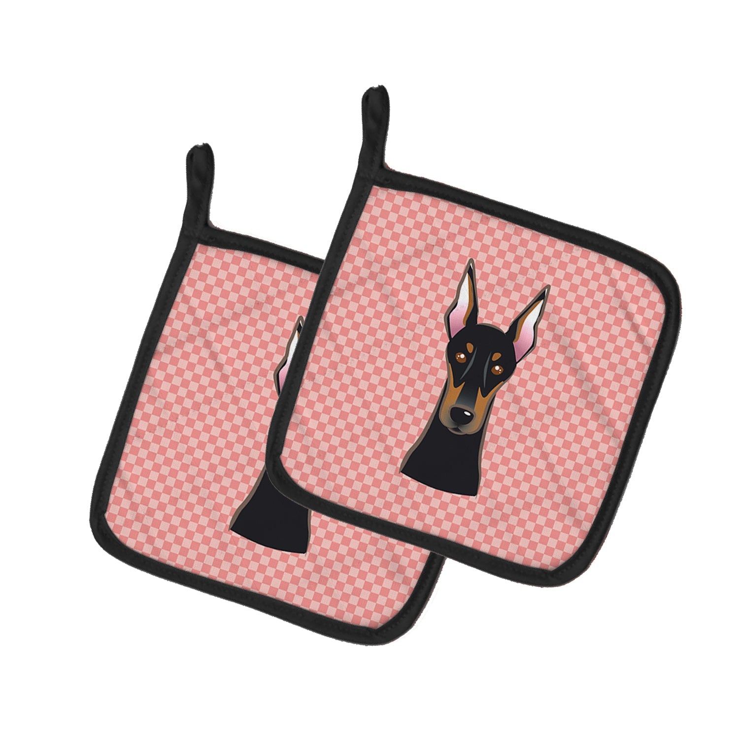 Checkerboard Pink Doberman Pot Holder Set of 2 Heat Resistant Quilted Hot Pads 7.5 x 7.5 Inch, Insulated Kitchen Trivets for Cooking & Baking