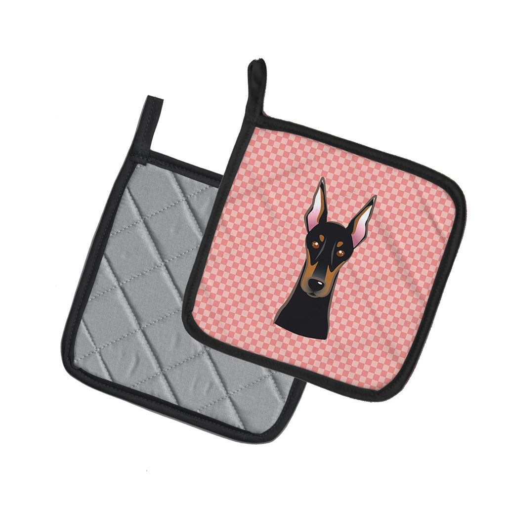 Checkerboard Pink Doberman Pot Holder Set of 2 Heat Resistant Quilted Hot Pads 7.5 x 7.5 Inch, Insulated Kitchen Trivets for Cooking & Baking