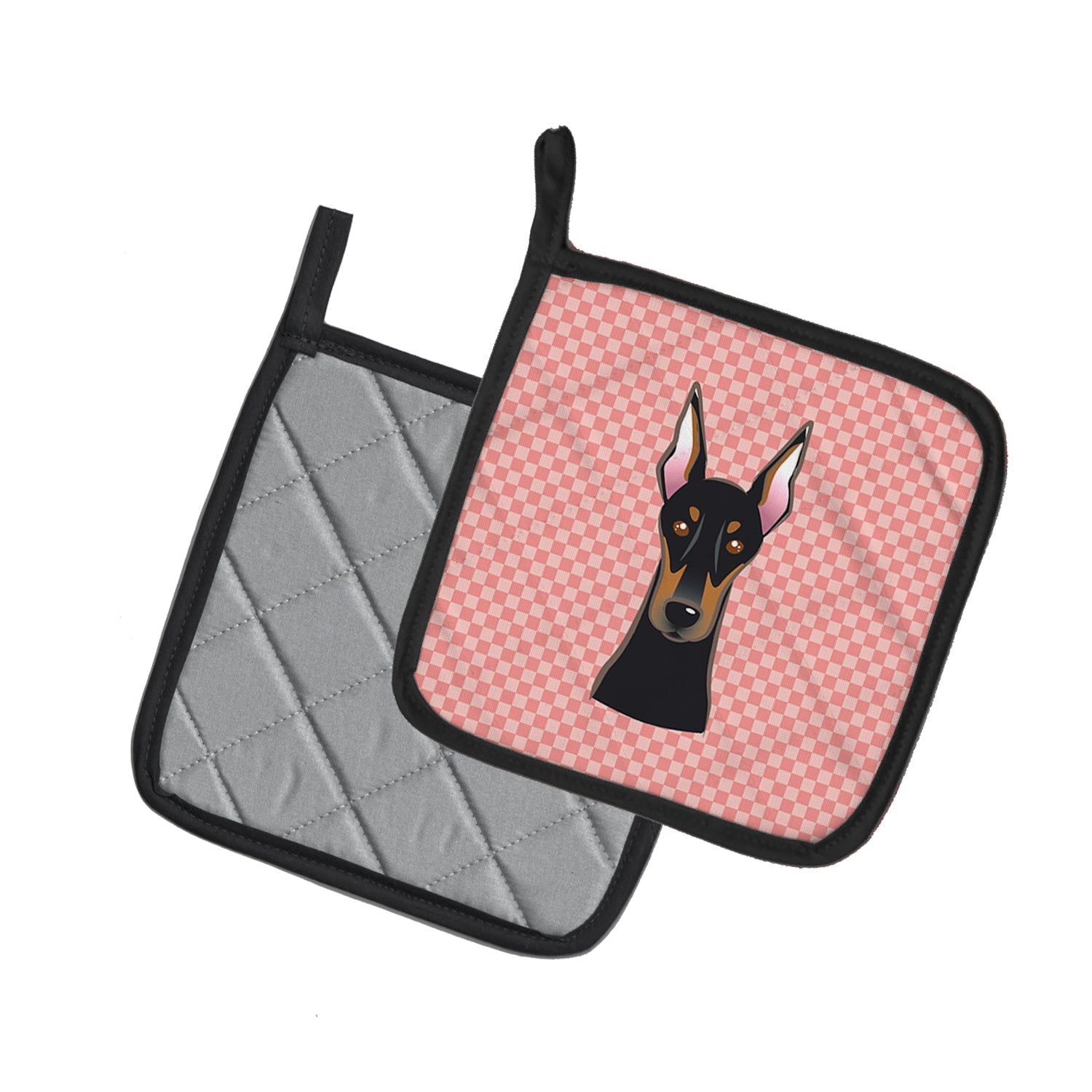 Checkerboard Pink Doberman Pot Holder Set of 2 Heat Resistant Quilted Hot Pads 7.5 x 7.5 Inch, Insulated Kitchen Trivets for Cooking & Baking