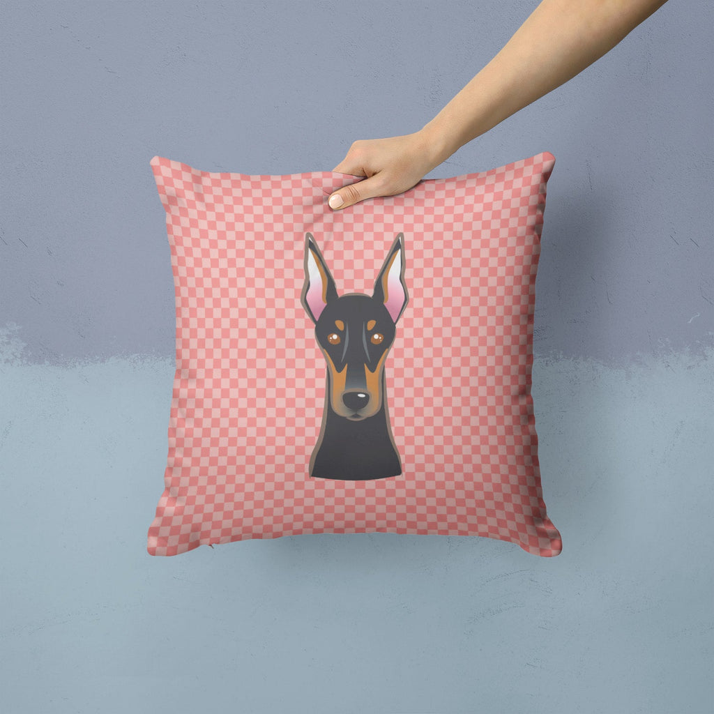Checkerboard Pink Doberman Decorative Throw Pillow 14x14 Indoor Outdoor Accent Cushion, Fabric Cover with Insert for Sofa, Bed, Porch & Living Room
