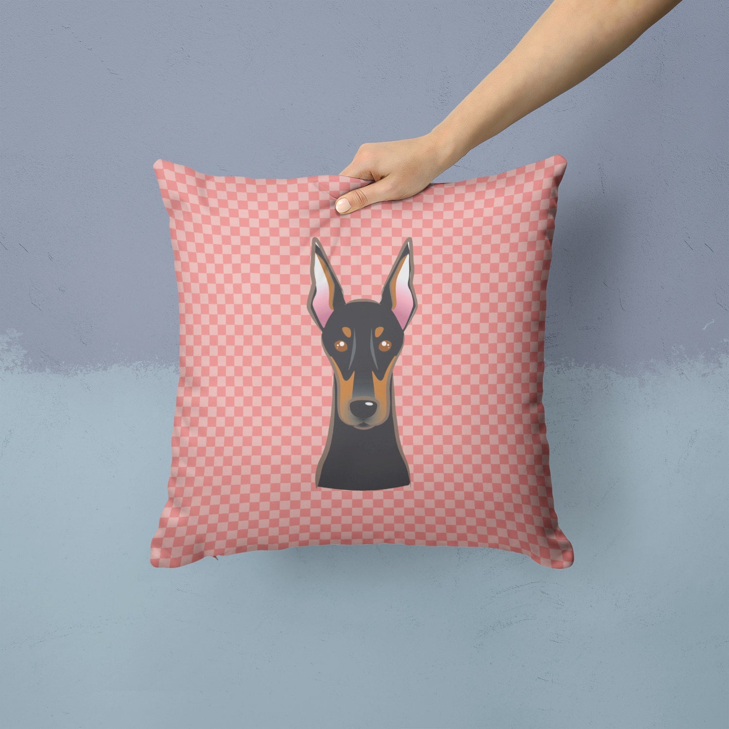 Checkerboard Pink Doberman Decorative Throw Pillow 14x14 Indoor Outdoor Accent Cushion, Fabric Cover with Insert for Sofa, Bed, Porch & Living Room