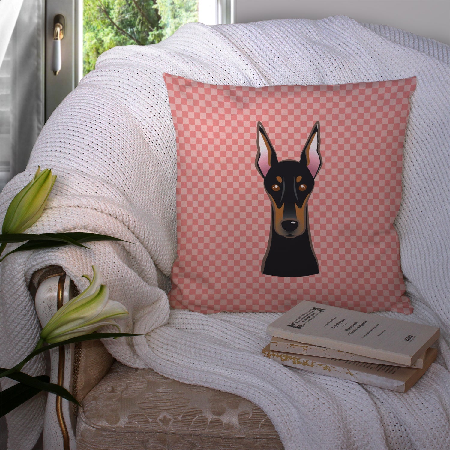 Checkerboard Pink Doberman Decorative Throw Pillow 14x14 Indoor Outdoor Accent Cushion, Fabric Cover with Insert for Sofa, Bed, Porch & Living Room