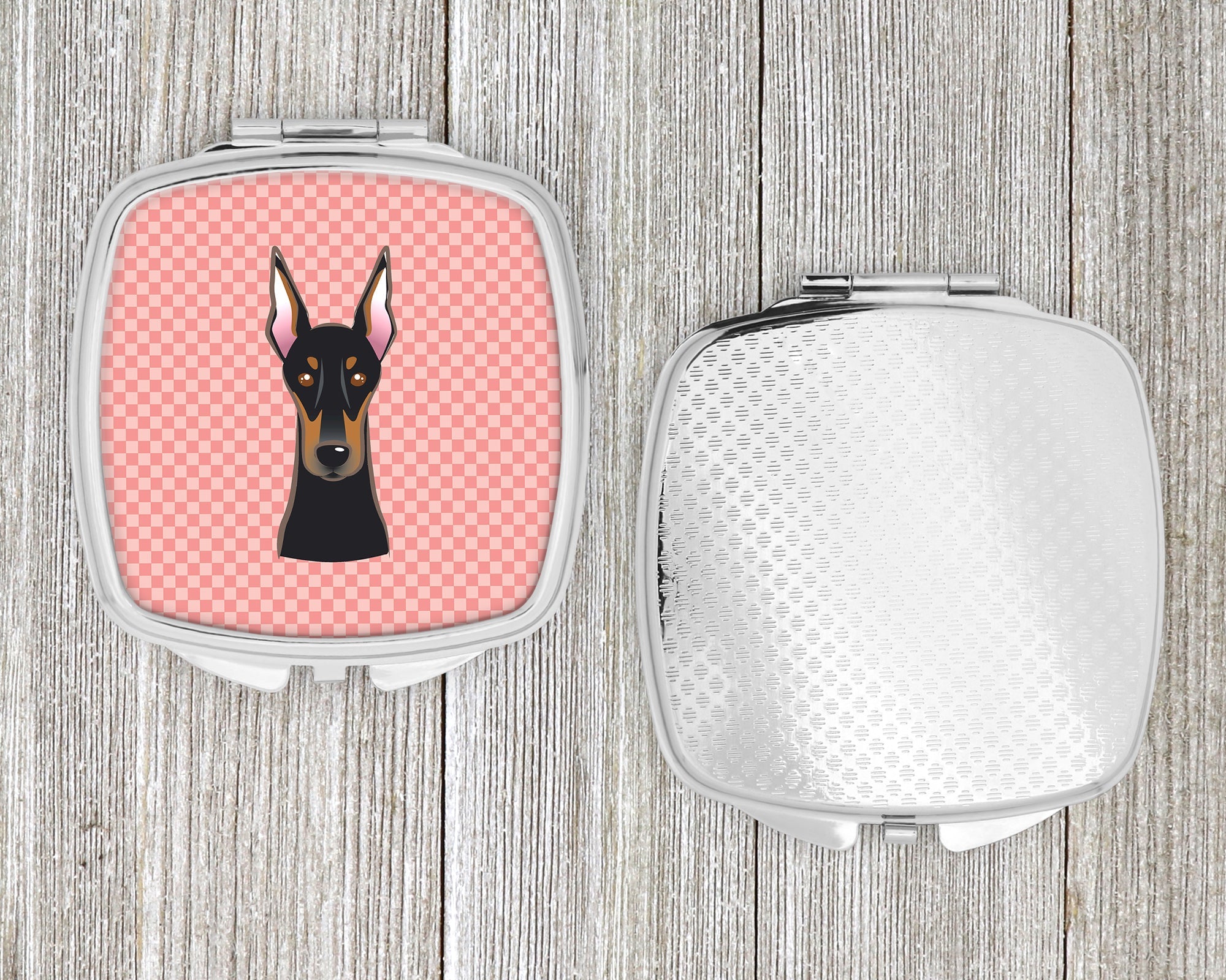 Checkerboard Pink Doberman Compact Mirror Decorative Travel Makeup Mirror for Women Girls Gifts Pocket Makeup Mirror Folding Handheld