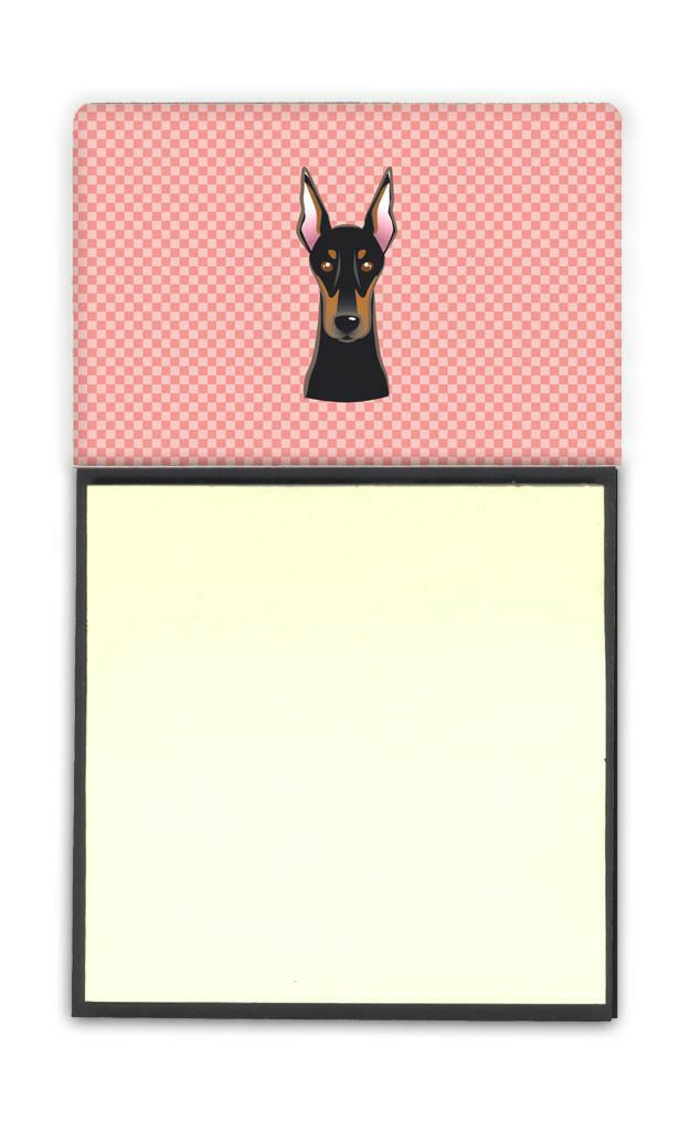 Checkerboard Pink Doberman Watercolor Sticky Note Holder Refillable Dispenser Desk Accessory 3x3 Pad Gift