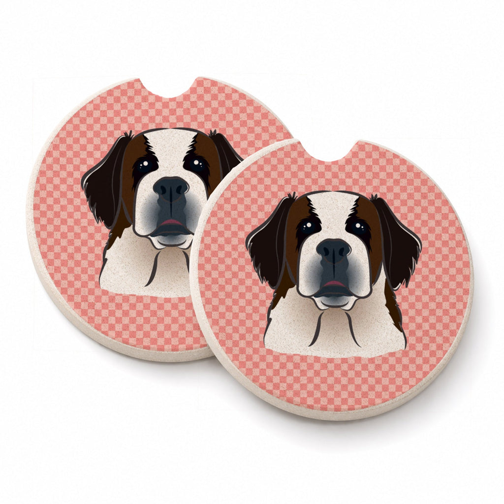 Checkerboard Pink Saint Bernard Set of 2 Cup Holder Car Coasters Absorbent Round Sandstone Coasters Gifts for Men or Women, 2.5, Multicolor
