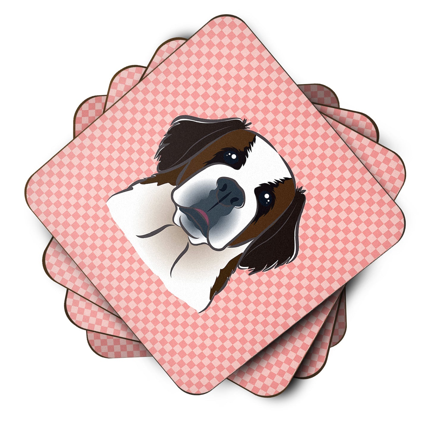 Checkerboard Pink Saint Bernard Foam Coasters Set of 4 Cup Coasters for Indoor Outdoor, Tabletop Protection, Anti Slip, Mouse pad Material