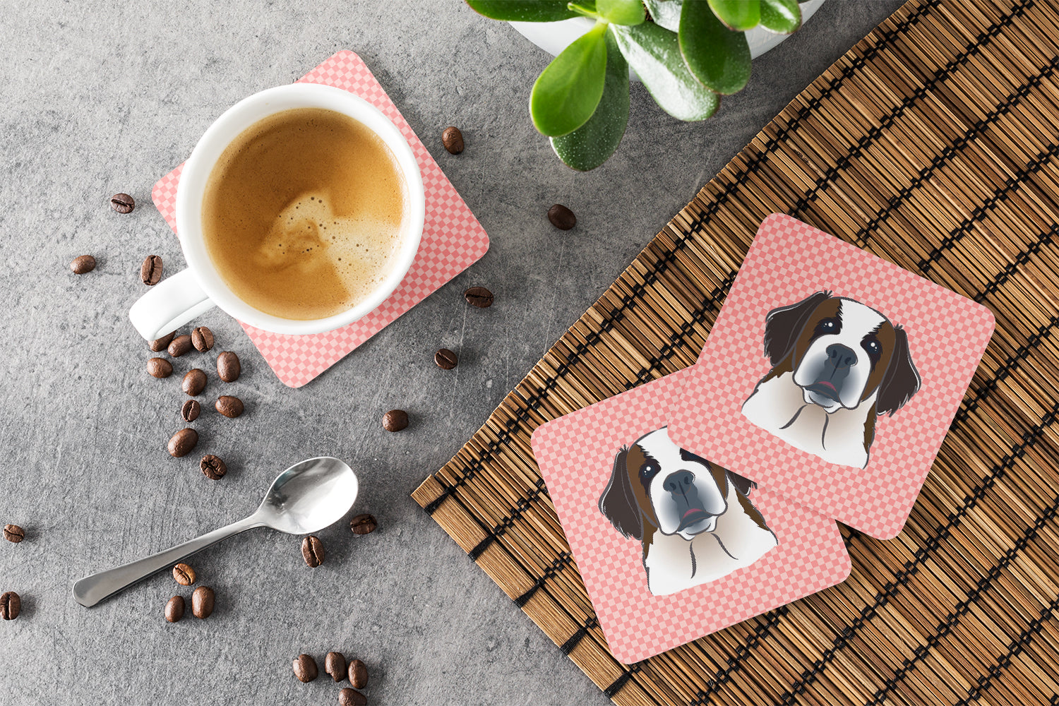 Checkerboard Pink Saint Bernard Foam Coasters Set of 4 Cup Coasters for Indoor Outdoor, Tabletop Protection, Anti Slip, Mouse pad Material