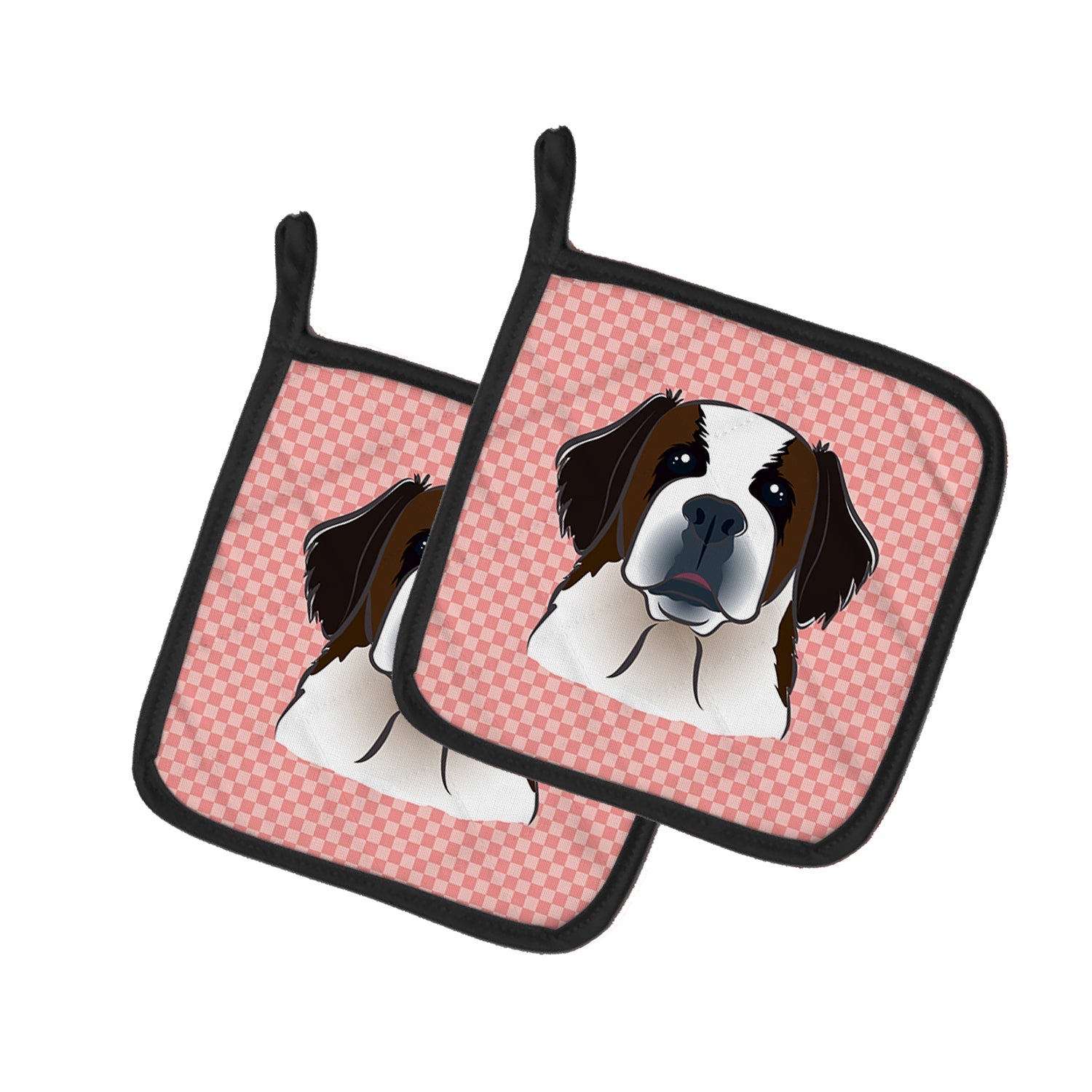 Checkerboard Pink Saint Bernard Pot Holder Set of 2 Heat Resistant Quilted Hot Pads 7.5 x 7.5 Inch, Insulated Kitchen Trivets for Cooking & Baking