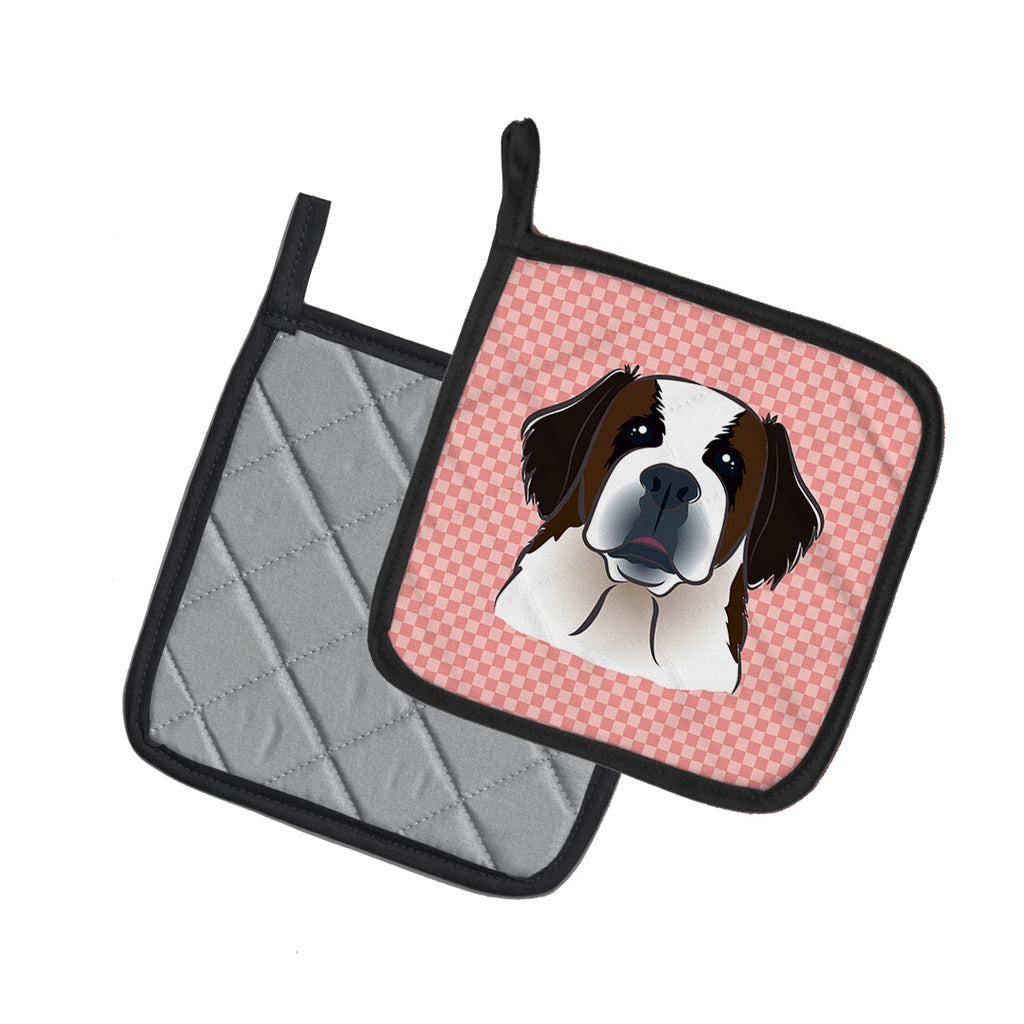 Checkerboard Pink Saint Bernard Pot Holder Set of 2 Heat Resistant Quilted Hot Pads 7.5 x 7.5 Inch, Insulated Kitchen Trivets for Cooking & Baking