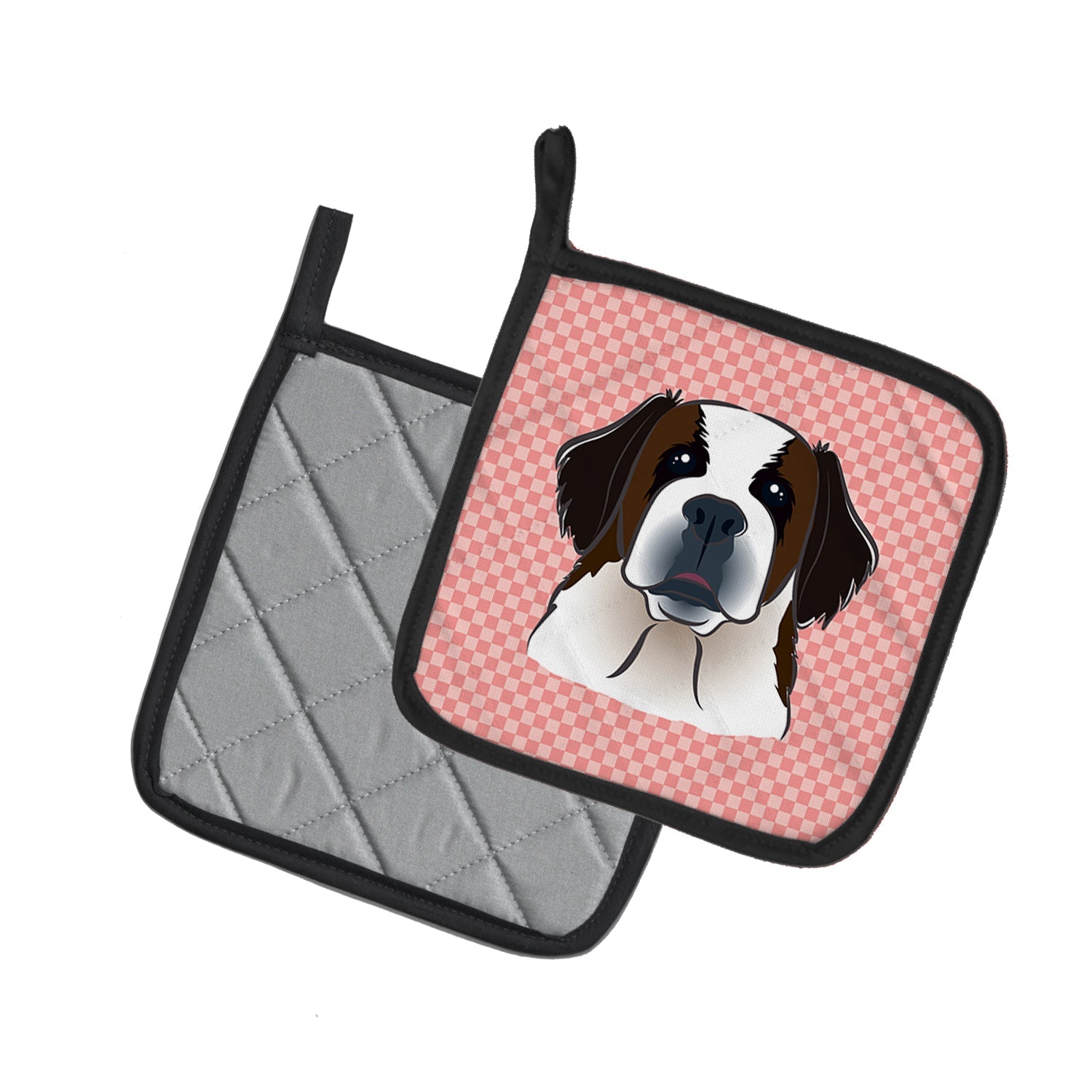 Checkerboard Pink Saint Bernard Pot Holder Set of 2 Heat Resistant Quilted Hot Pads 7.5 x 7.5 Inch, Insulated Kitchen Trivets for Cooking & Baking