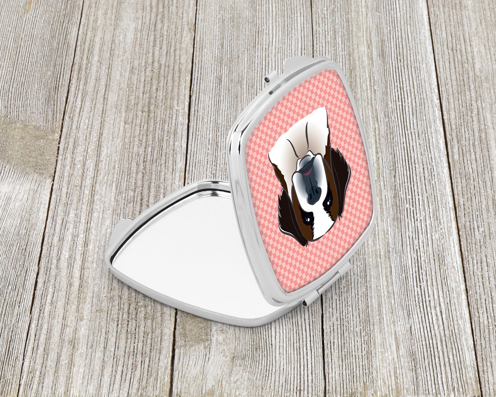 Checkerboard Pink Saint Bernard Compact Mirror Decorative Travel Makeup Mirror for Women Girls Gifts Pocket Makeup Mirror Folding Handheld