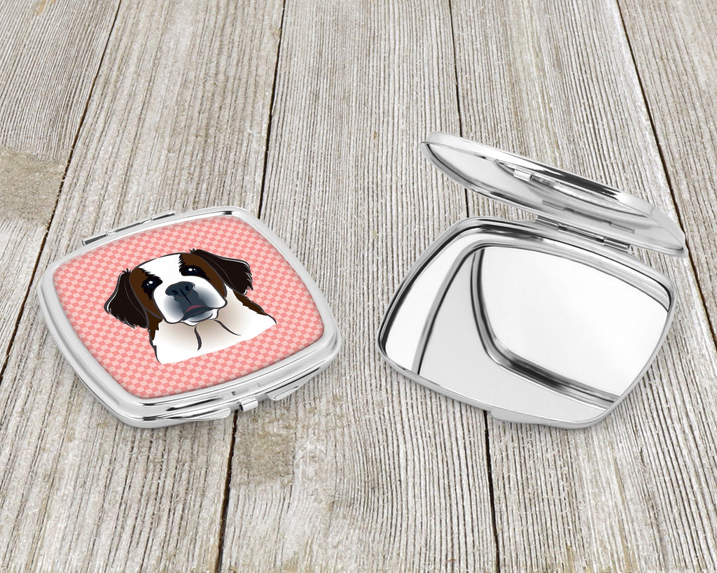 Checkerboard Pink Saint Bernard Compact Mirror Decorative Travel Makeup Mirror for Women Girls Gifts Pocket Makeup Mirror Folding Handheld