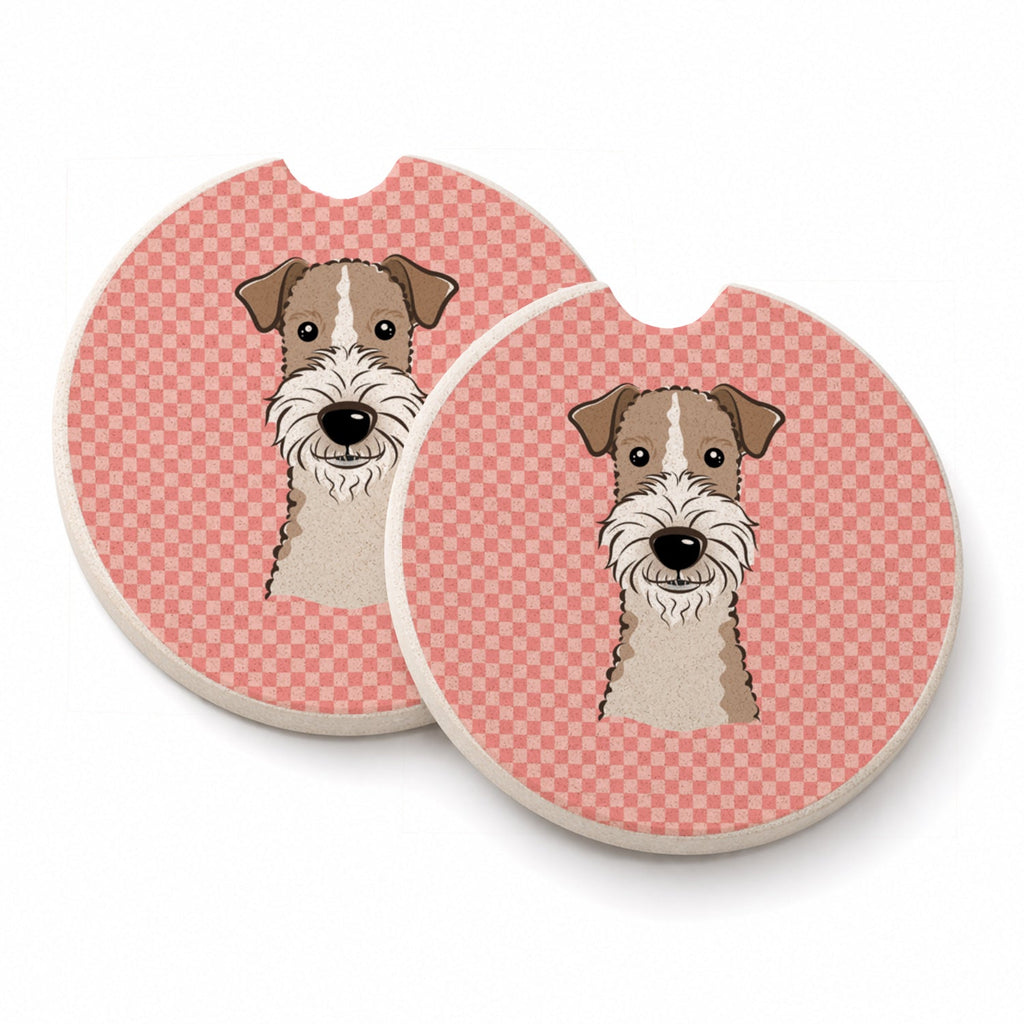 Checkerboard Pink Wire Haired Fox Terrier Set of 2 Cup Holder Car Coasters Absorbent Round Sandstone Coasters Gifts for Men or Women, 2.5, Multicolor