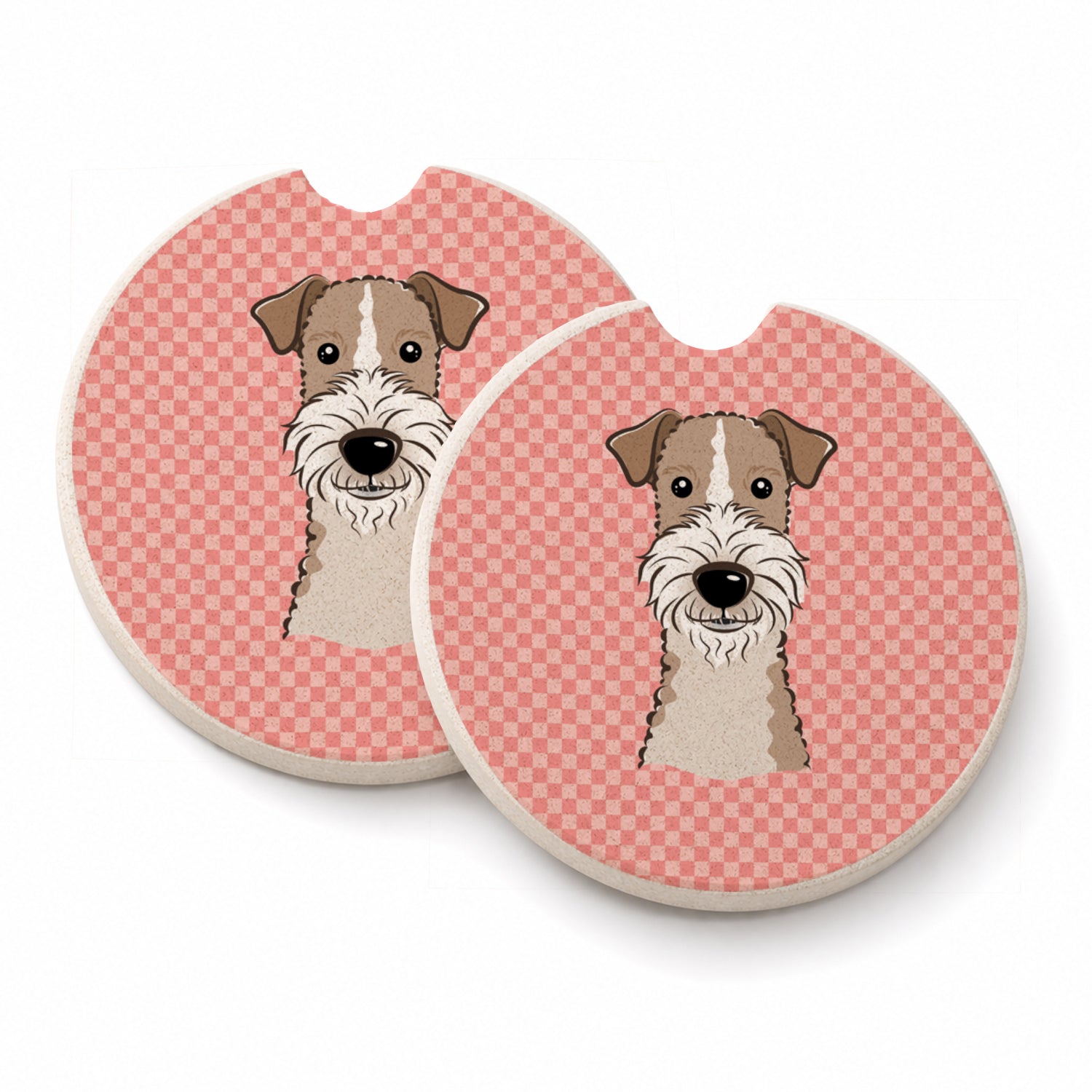Checkerboard Pink Wire Haired Fox Terrier Set of 2 Cup Holder Car Coasters Absorbent Round Sandstone Coasters Gifts for Men or Women, 2.5, Multicolor