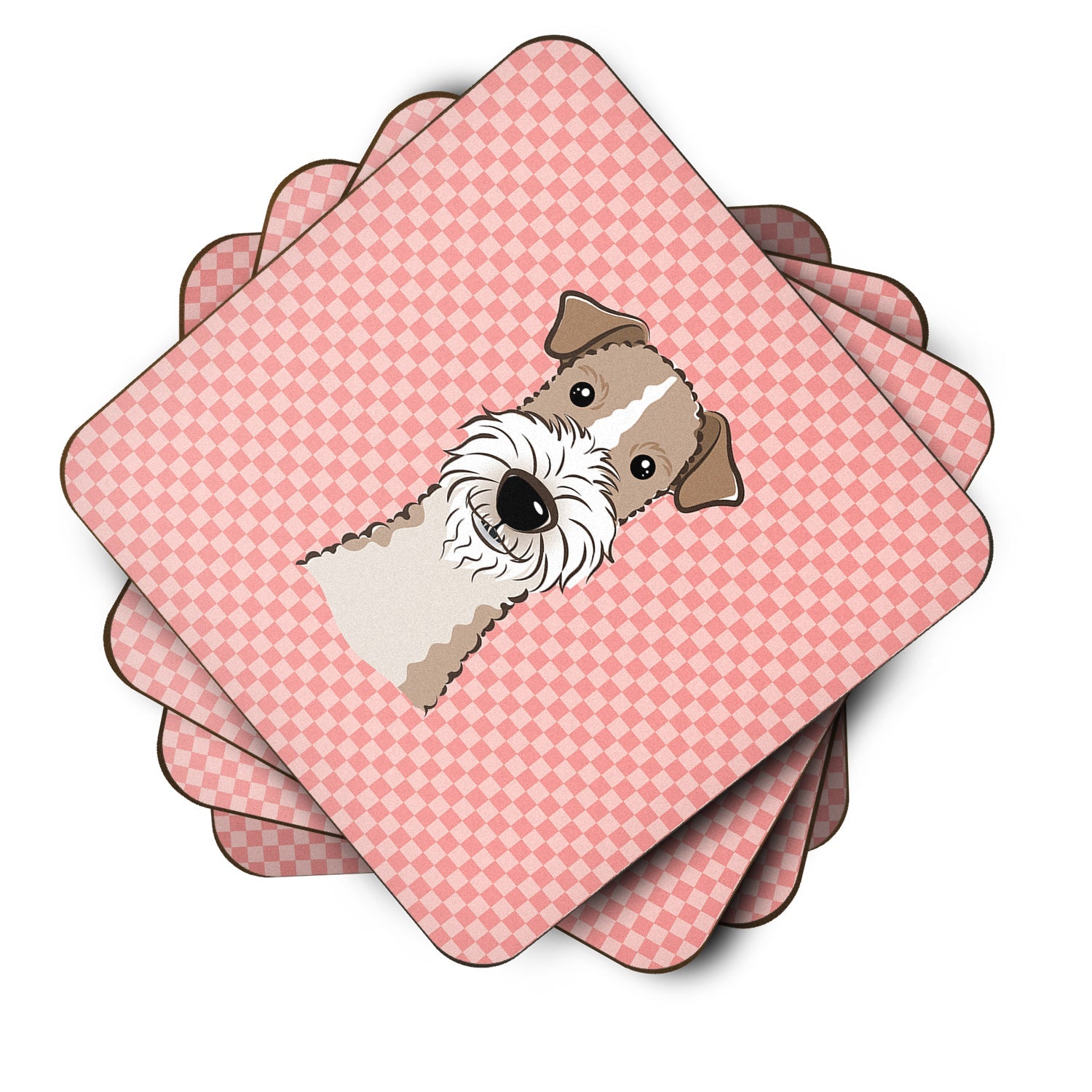 Checkerboard Pink Wire Haired Fox Terrier Foam Coasters Set of 4 Cup Coasters for Indoor Outdoor, Tabletop Protection, Anti Slip, Mouse pad Material
