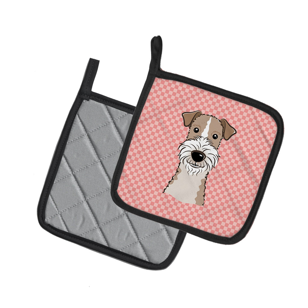 Checkerboard Pink Wire Haired Fox Terrier Pot Holder Set of 2 Heat Resistant Quilted Hot Pads 7.5 x 7.5 Inch, Insulated Kitchen Trivets for Cooking & Baking