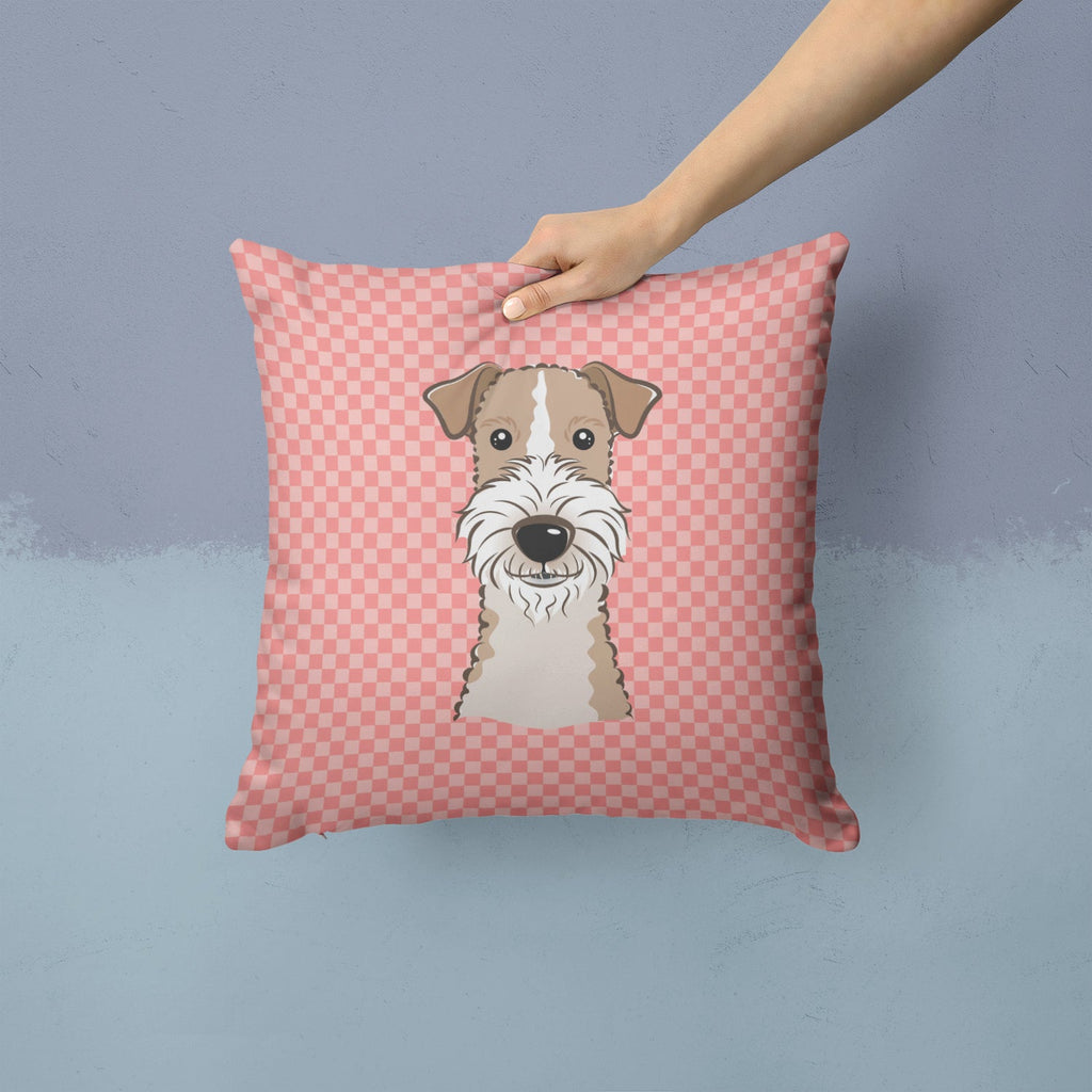 Checkerboard Pink Wire Haired Fox Terrier Decorative Throw Pillow 14x14 Indoor Outdoor Accent Cushion, Fabric Cover with Insert for Sofa, Bed, Porch & Living Room