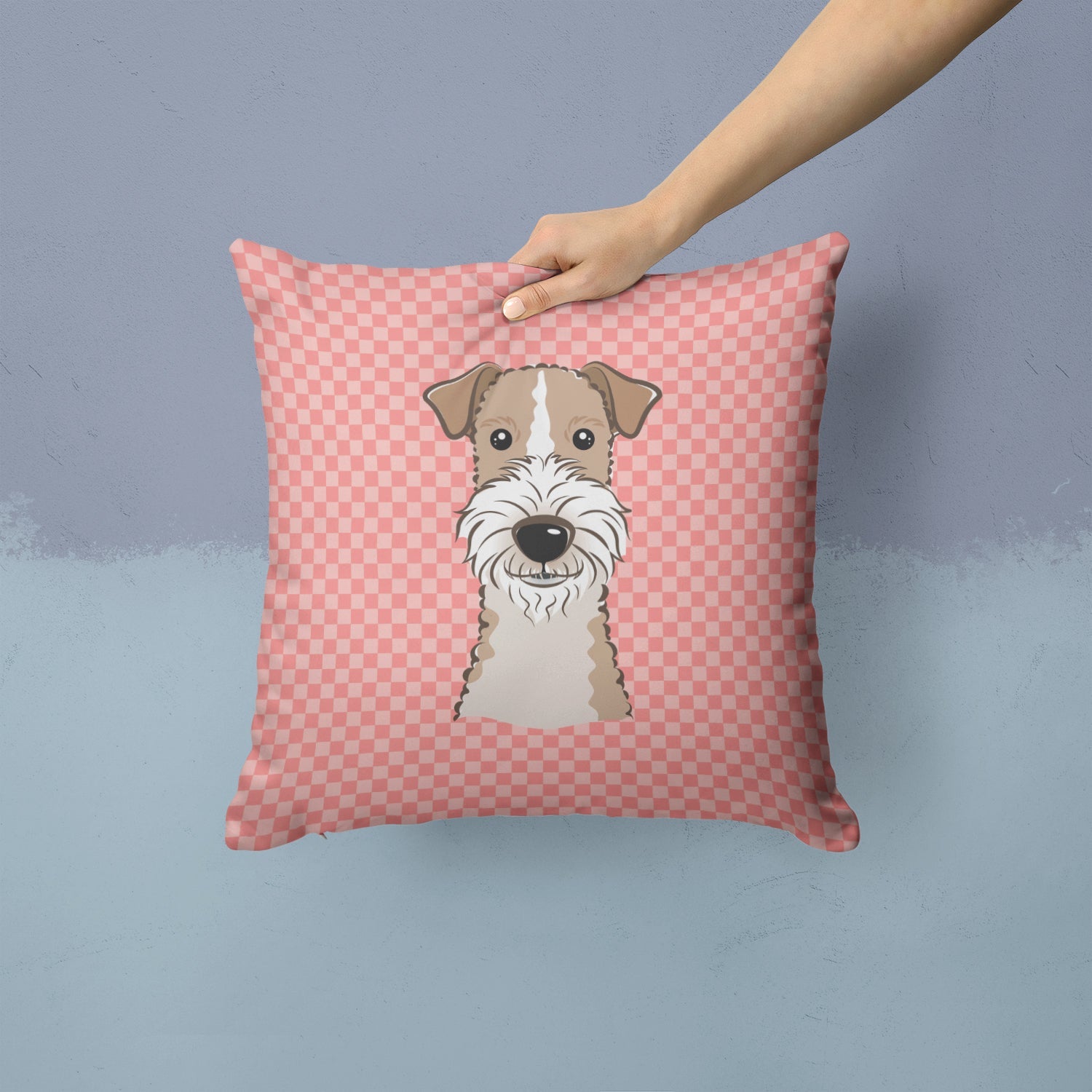 Checkerboard Pink Wire Haired Fox Terrier Decorative Throw Pillow 14x14 Indoor Outdoor Accent Cushion, Fabric Cover with Insert for Sofa, Bed, Porch & Living Room