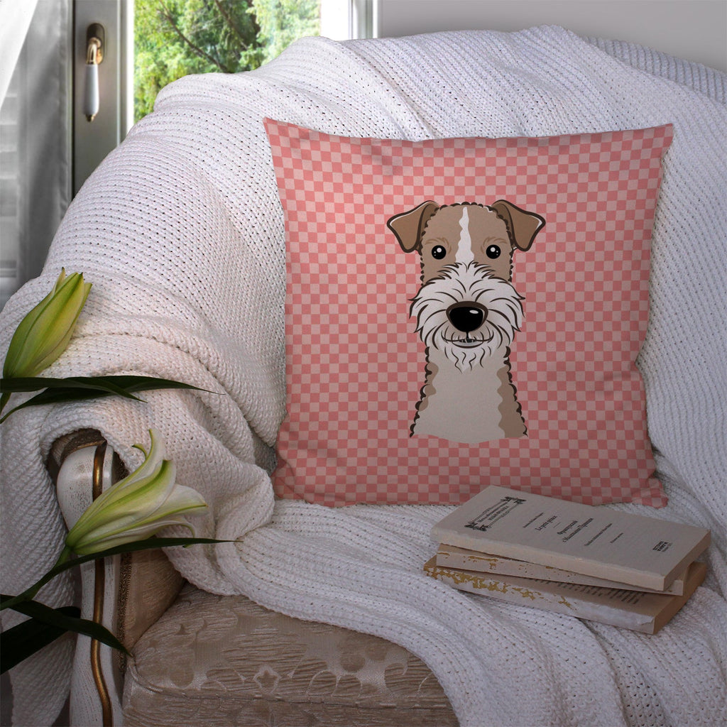 Checkerboard Pink Wire Haired Fox Terrier Decorative Throw Pillow 14x14 Indoor Outdoor Accent Cushion, Fabric Cover with Insert for Sofa, Bed, Porch & Living Room