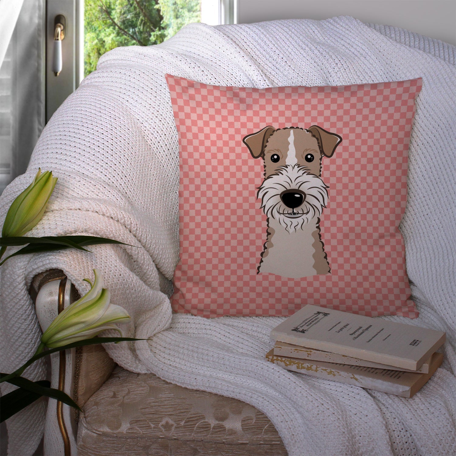 Checkerboard Pink Wire Haired Fox Terrier Decorative Throw Pillow 14x14 Indoor Outdoor Accent Cushion, Fabric Cover with Insert for Sofa, Bed, Porch & Living Room