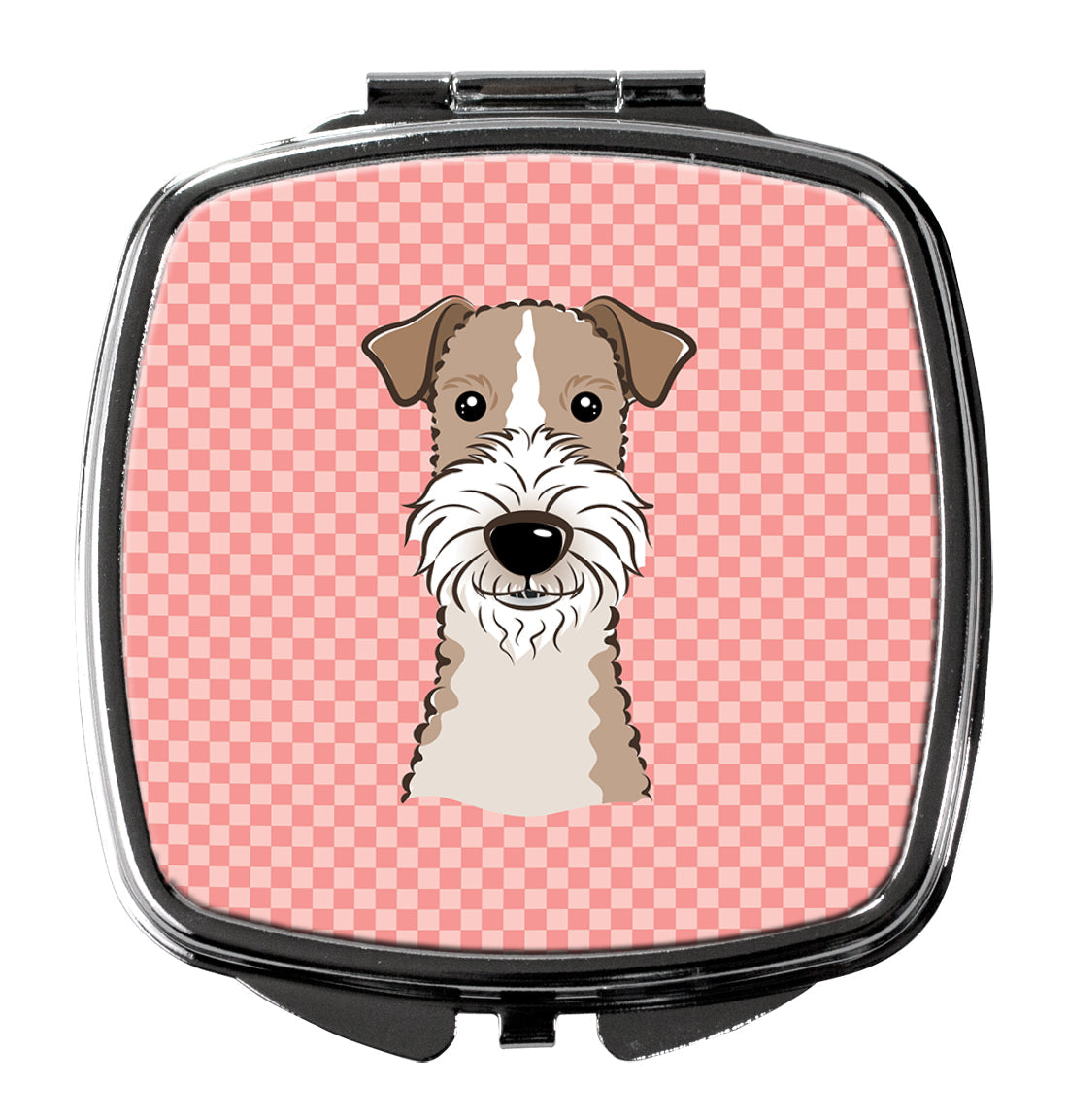 Checkerboard Pink Wire Haired Fox Terrier Compact Mirror Decorative Travel Makeup Mirror for Women Girls Gifts Pocket Makeup Mirror Folding Handheld