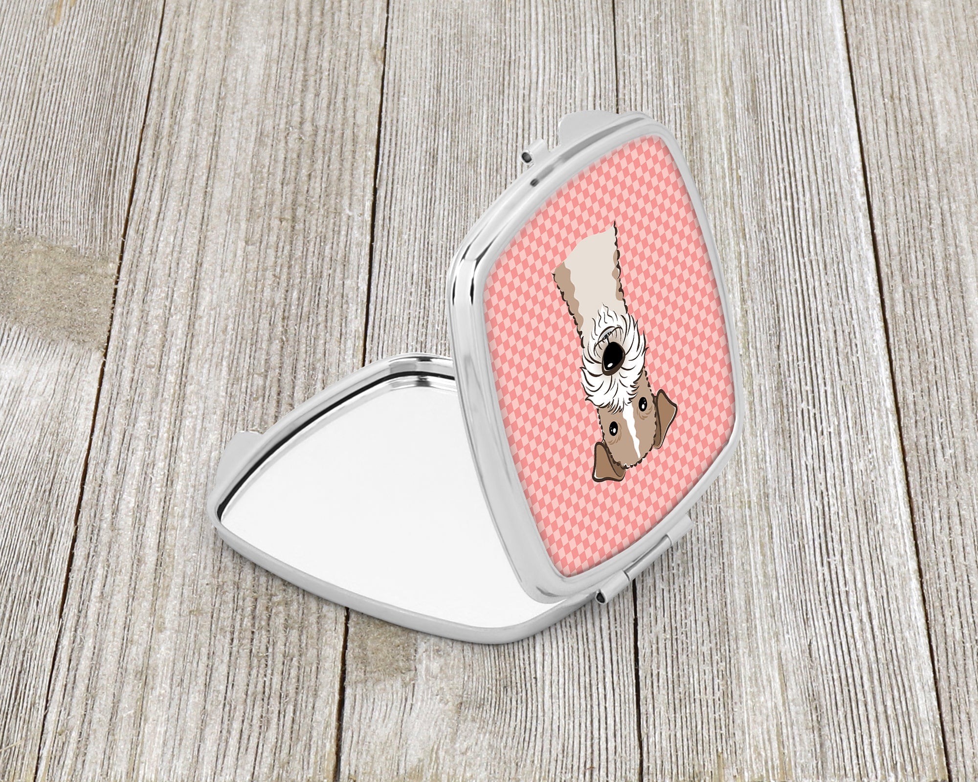 Checkerboard Pink Wire Haired Fox Terrier Compact Mirror Decorative Travel Makeup Mirror for Women Girls Gifts Pocket Makeup Mirror Folding Handheld