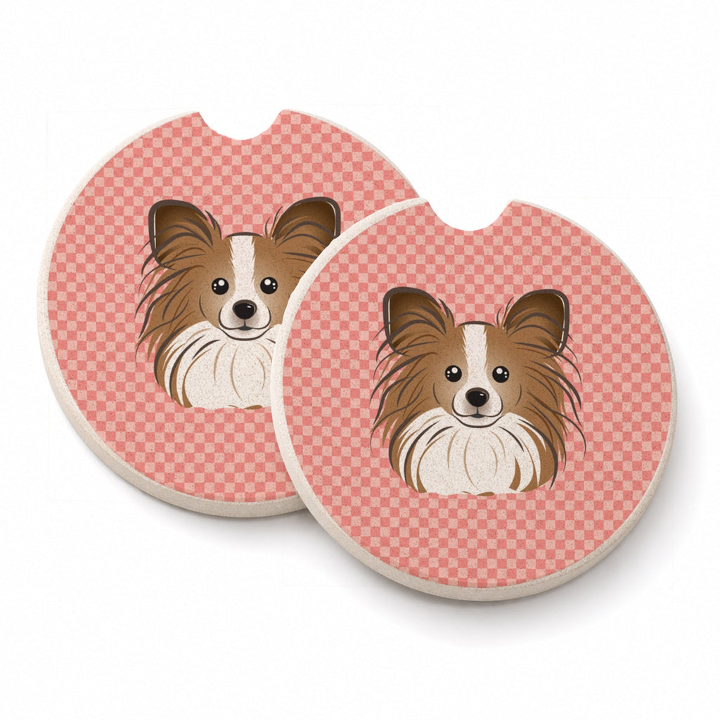Checkerboard Pink Papillon Set of 2 Cup Holder Car Coasters Absorbent Round Sandstone Coasters Gifts for Men or Women, 2.5, Multicolor